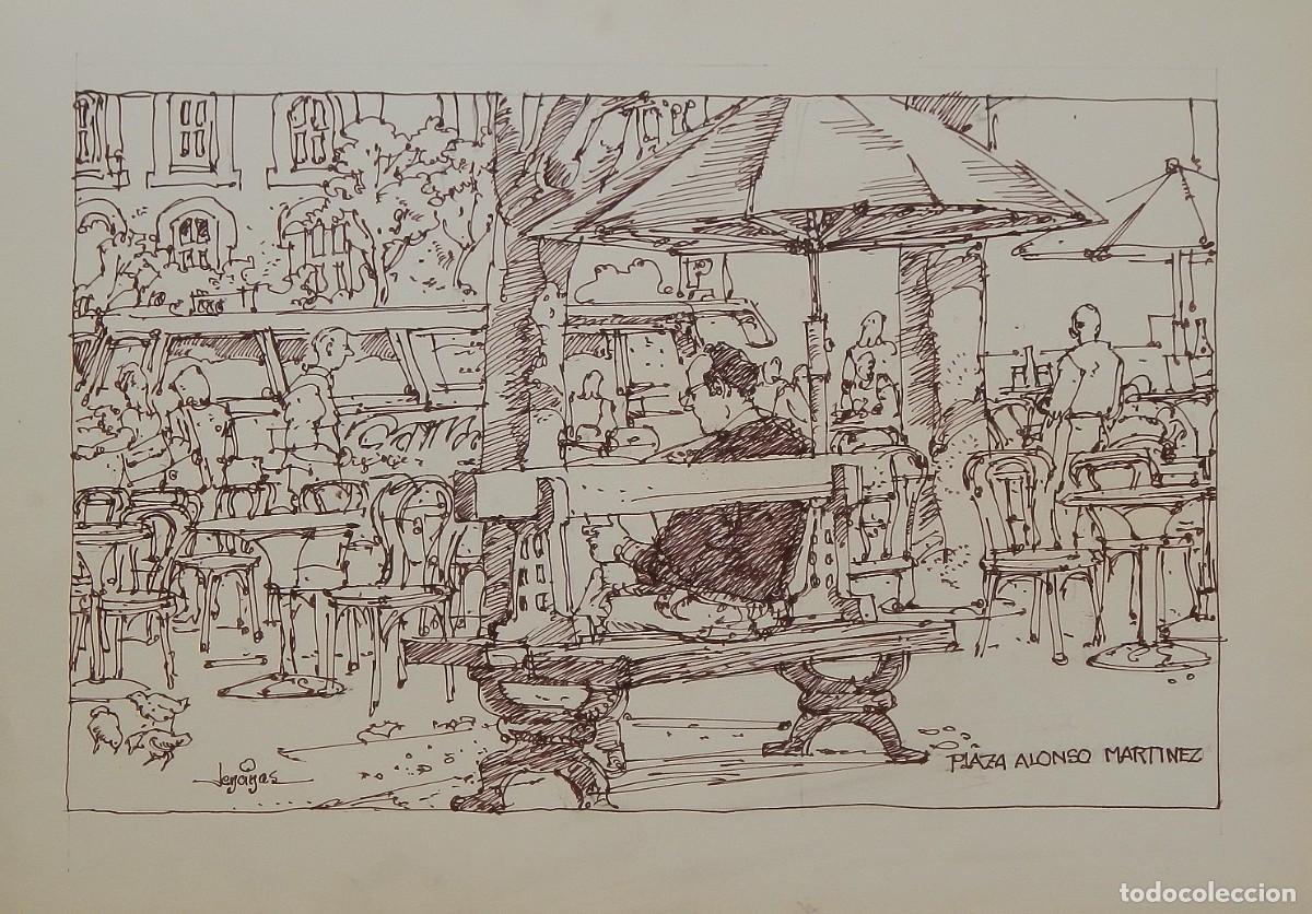Arte: Carlos Enrique Lencinas G&oacute;mez. Tinta sobre papel. &rdquo;Plaza Alonso Mart&iacute;nez. Madrid&rdquo;. Firmado a mano.