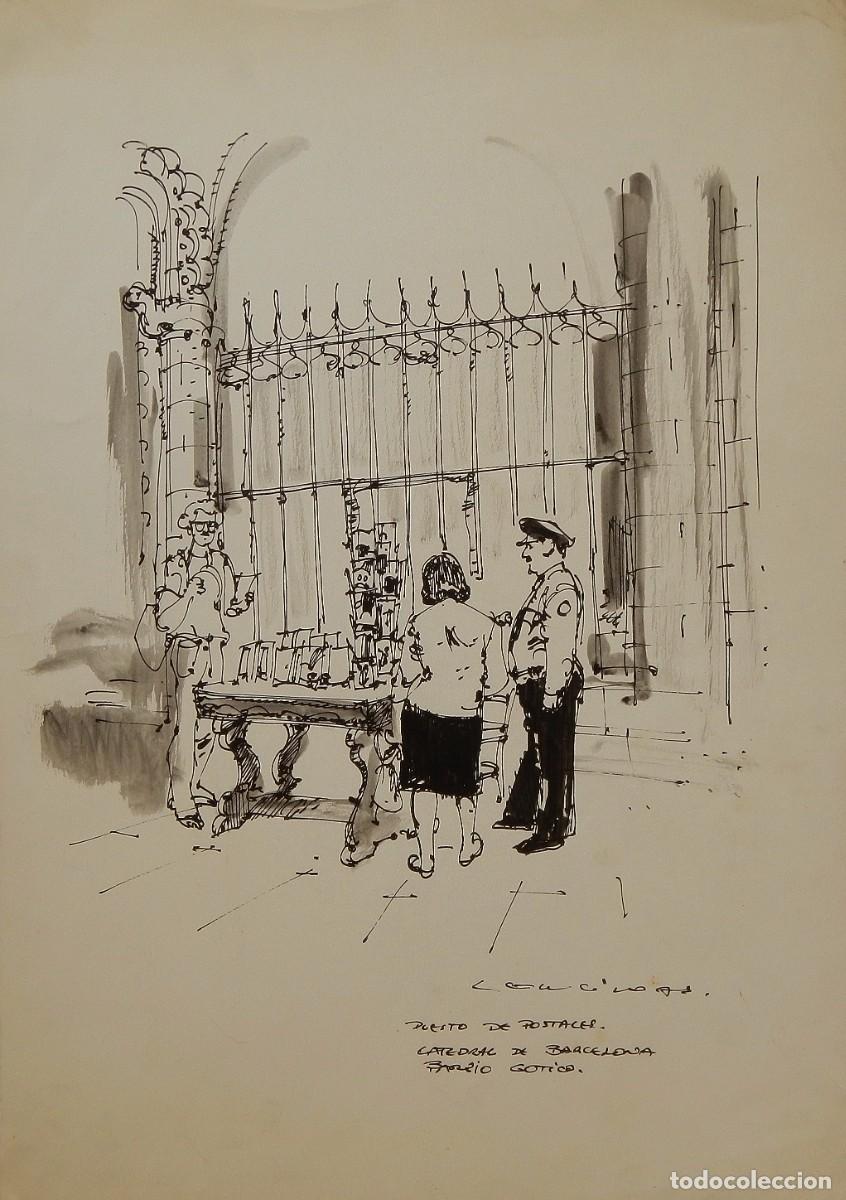 Arte: Carlos Enrique Lencinas G&oacute;mez. Tinta sobre papel. &rdquo;Puesto de postales. Catedral Barcelona. G&oacute;tico&rdquo;.