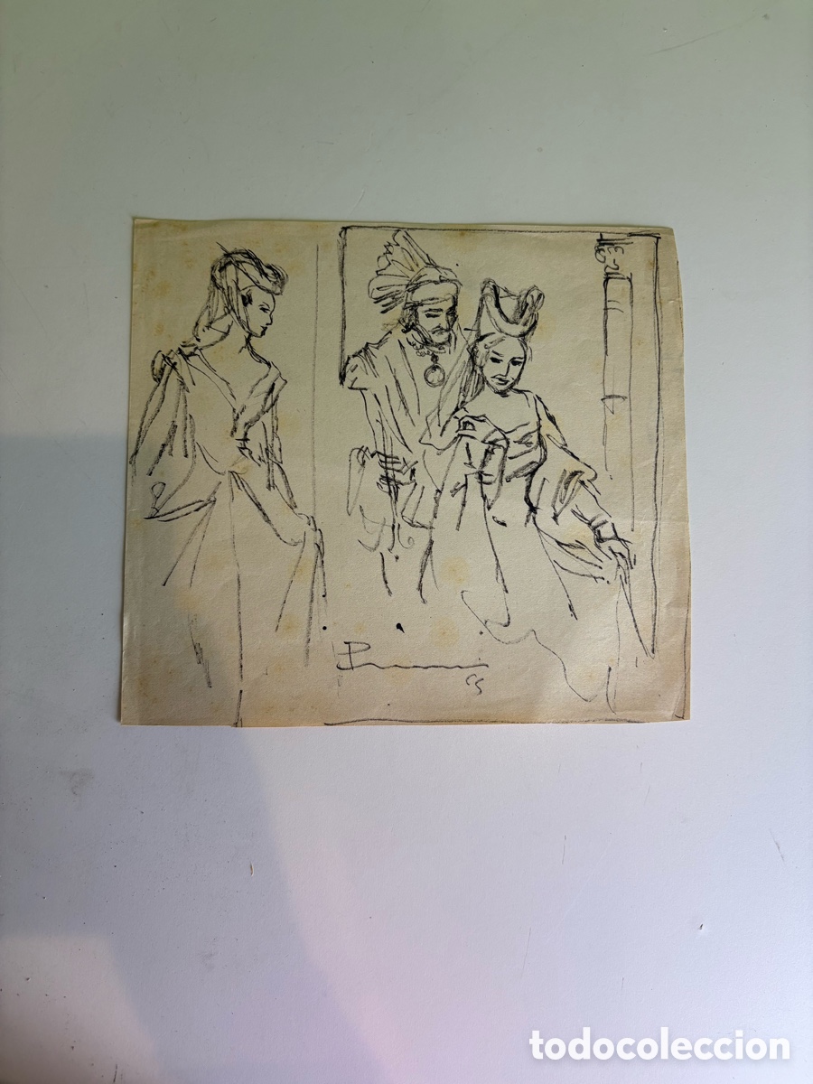 Arte: Carles Prun&eacute;s Dibujo original firmado 1955 &ndash; Estudios de figuras con indumentaria hist&oacute;rica
