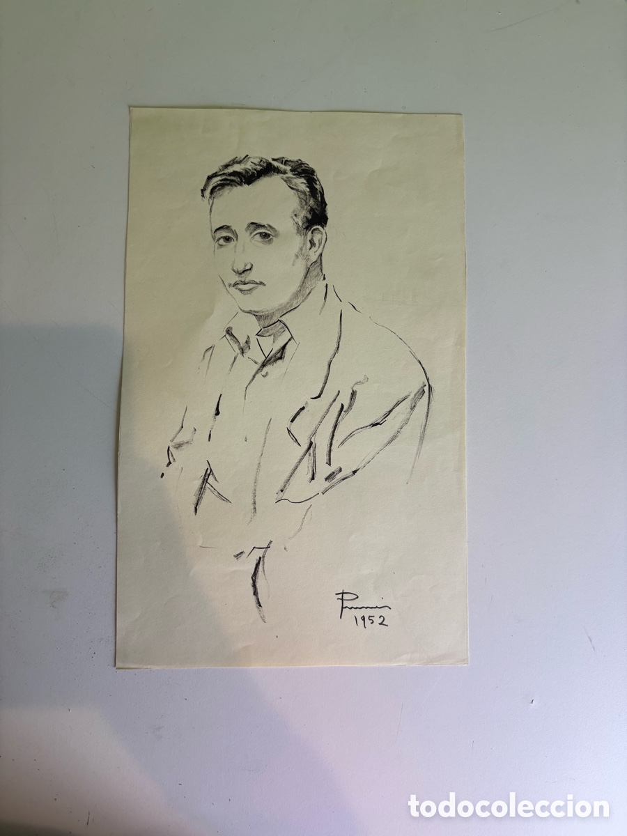 Arte: Carles Prun&eacute;s (1937-2017) Dibujo original firmado y fechado 1952 &ndash; Retrato masculino
