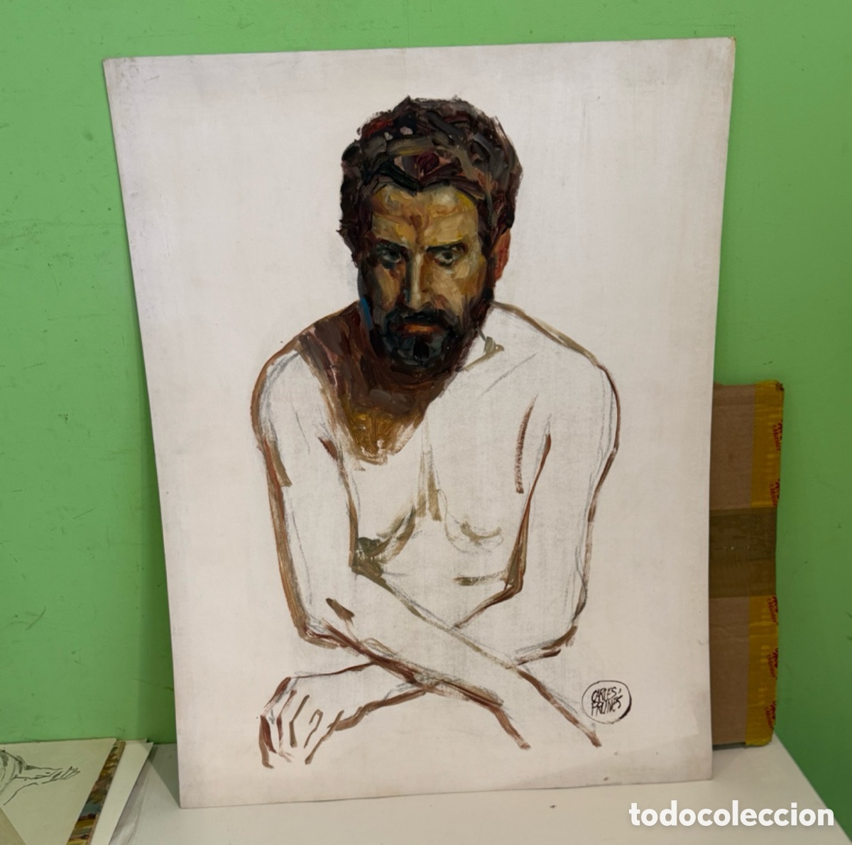 Kunst: Carles Prun&eacute;s (1937-2017) &Oacute;leo sobre papel &ndash; Estudio de figura masculina firmada (72 x 50 cm)