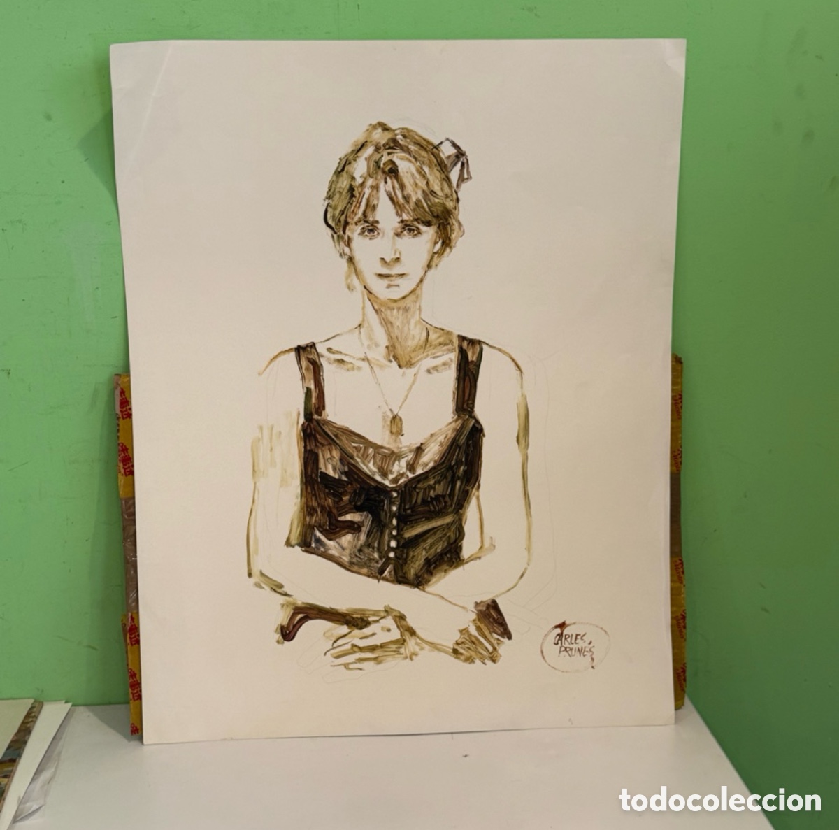 Kunst: Carles Prun&eacute;s (1937-2017) &Oacute;leo sobre papel &ndash; Retrato femenino firmado (65 x 50 cm)