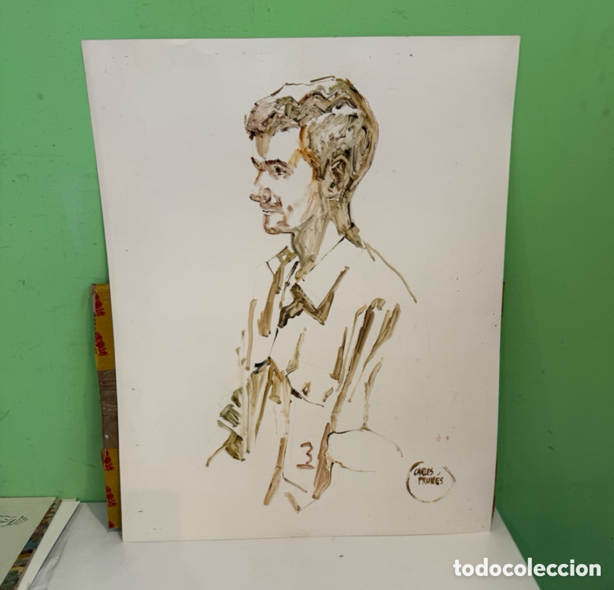 Art: Carles Prun&eacute;s (1937-2017) &Oacute;leo sobre papel &ndash; Retrato masculino en el estudio firmado