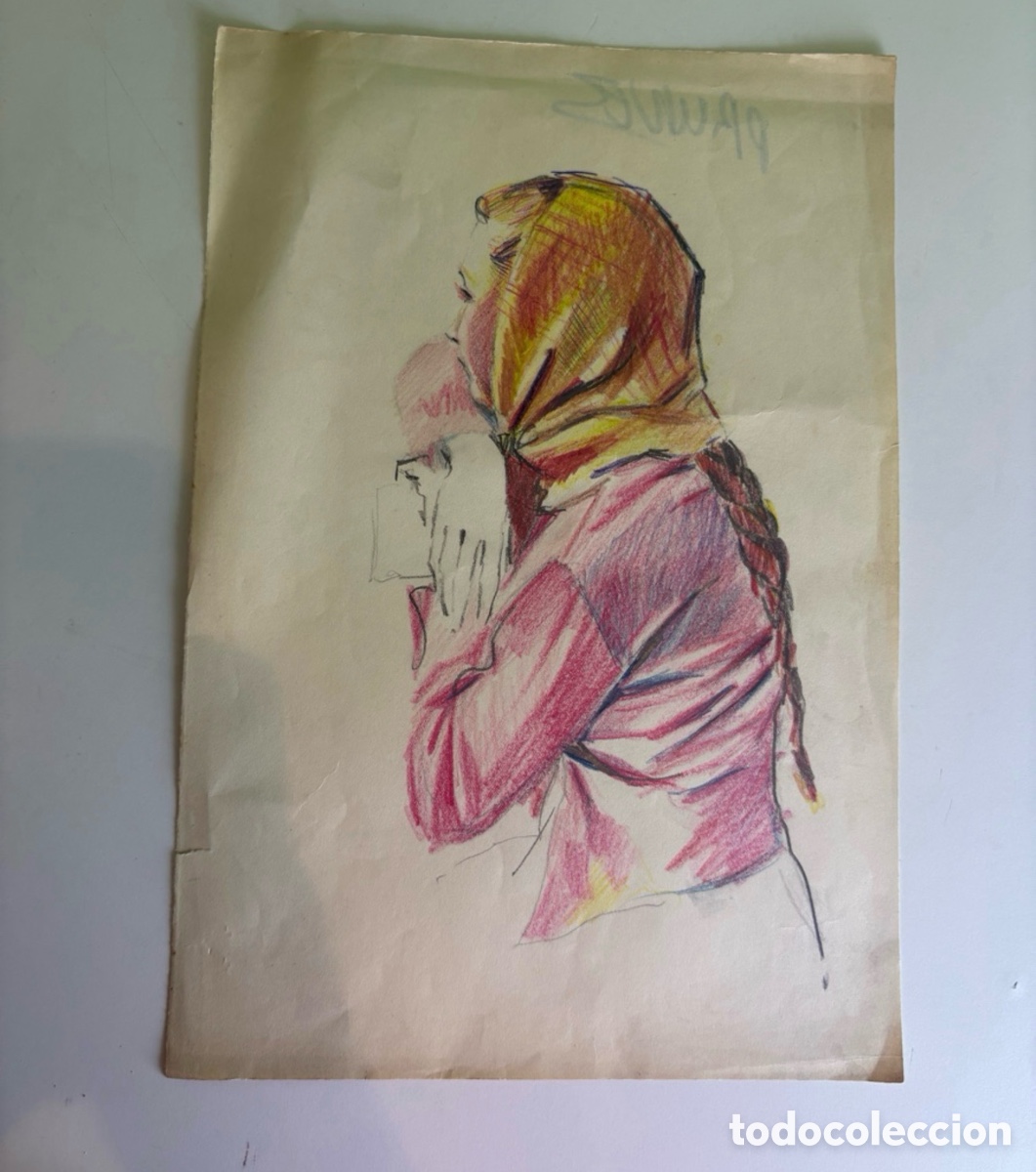 Art: Carles Prun&eacute;s (1937-2017) Dibujo original firmado &ndash; Estudio de figura femenina con pa&ntilde;uelo