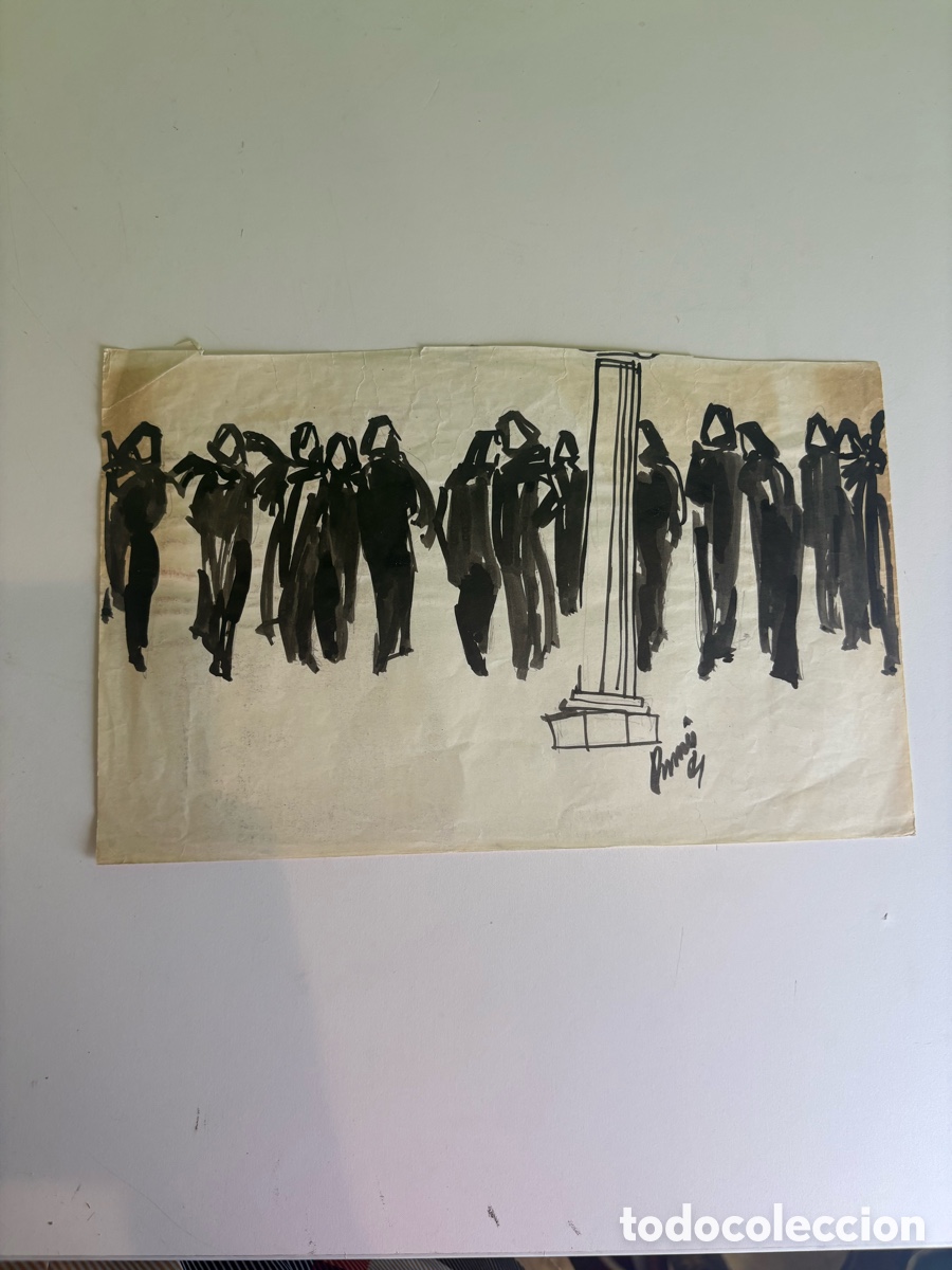 Art: Carles Prun&eacute;s (1937-2017) Dibujo original firmado 1954 &ndash; Estudio de figuras junto a columna