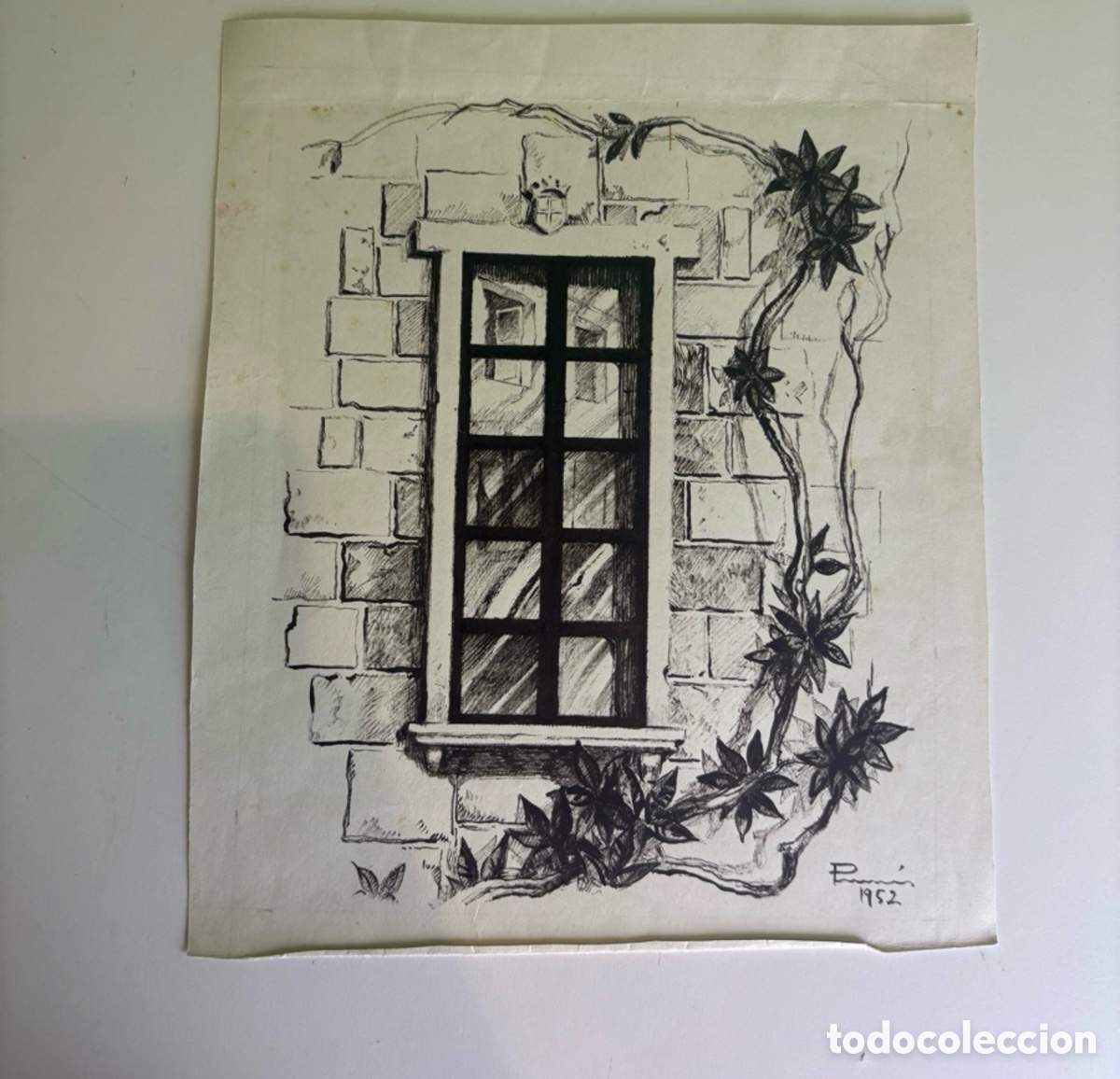 Art: Carles Prun&eacute;s (1937-2017) Dibujo original firmado y fechado 1952 &ndash; Ventana con enredadera