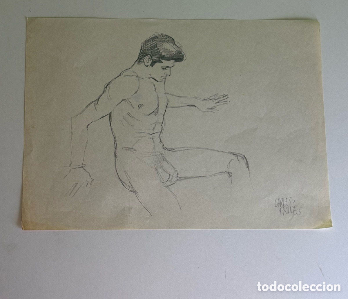Art: Carles Prun&eacute;s (1937-2017) Dibujo original sobre papel &ndash; Estudio de desnudo masculino firmado