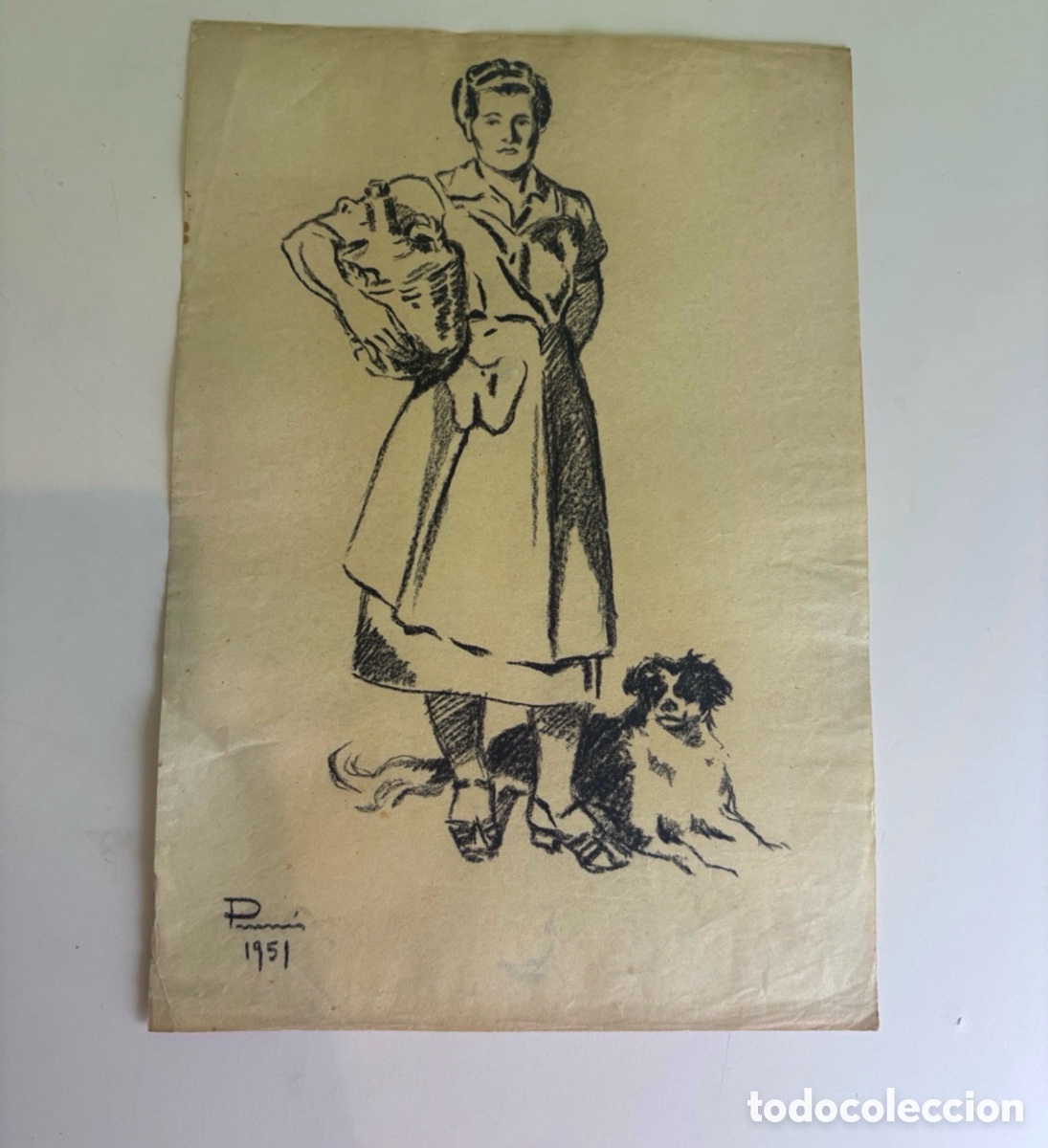 Art: Carles Prun&eacute;s (1937-2017) Dibujo original sobre papel &ndash; Mujer con c&aacute;ntaro y perro firmado 1951
