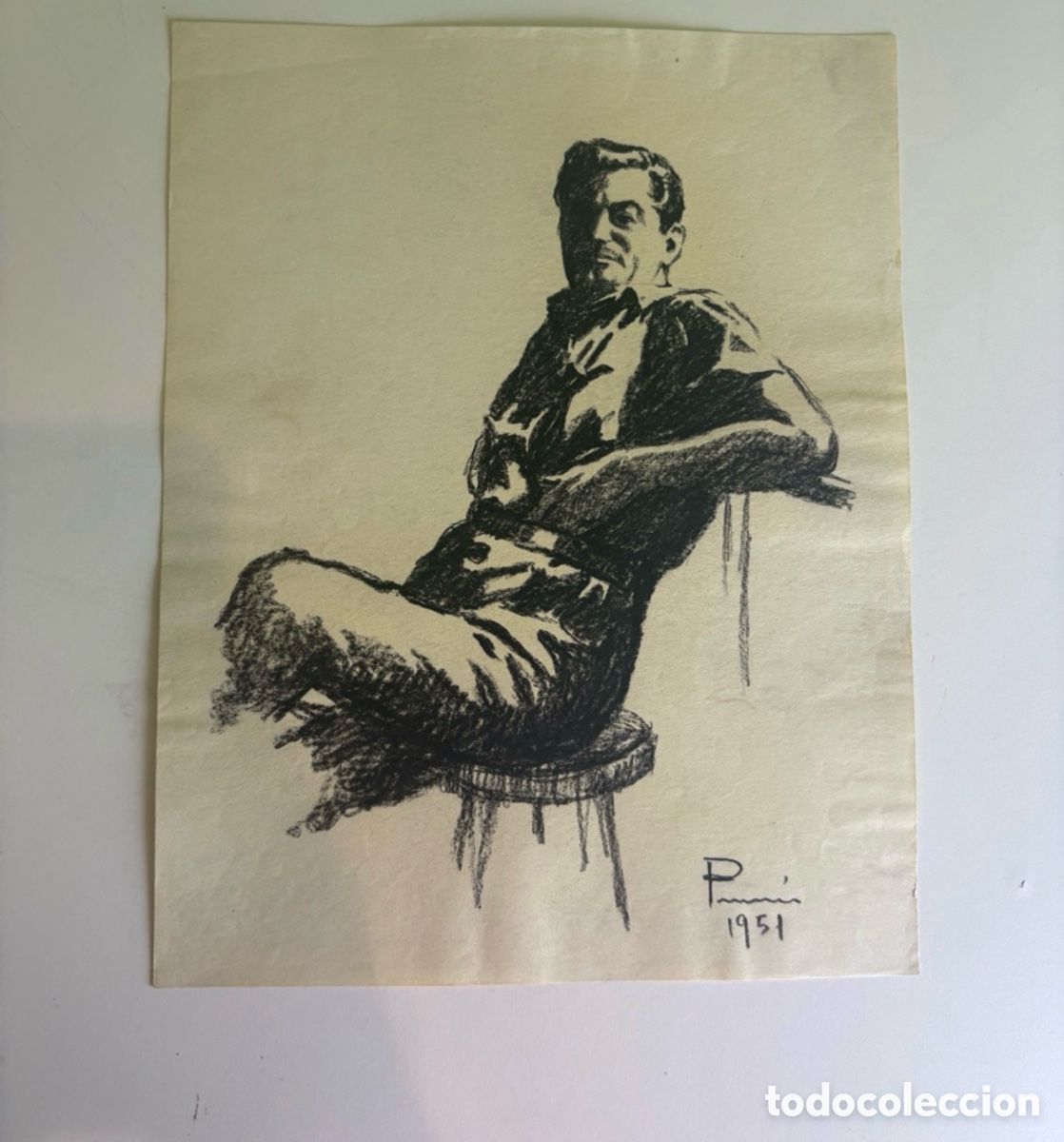 Art: Carles Prun&eacute;s (1937-2017) Dibujo original sobre papel &ndash; Retrato masculino sentado firmado 1951