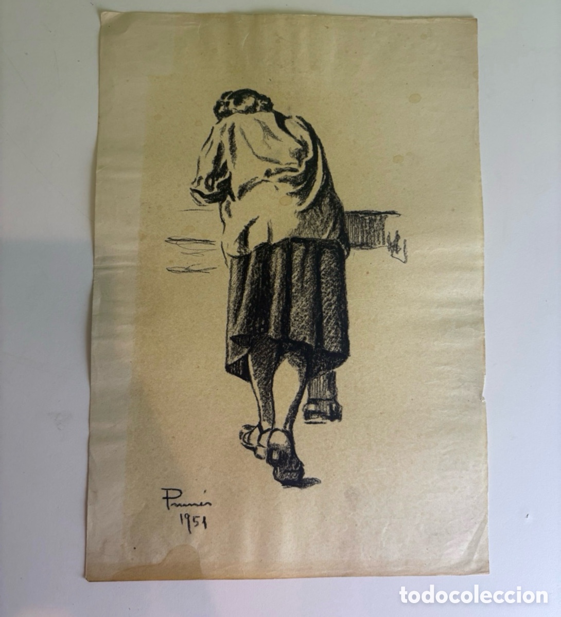 Art: Carles Prun&eacute;s (1937-2017) Dibujo original sobre papel &ndash; Figura femenina de espaldas firmada 1951