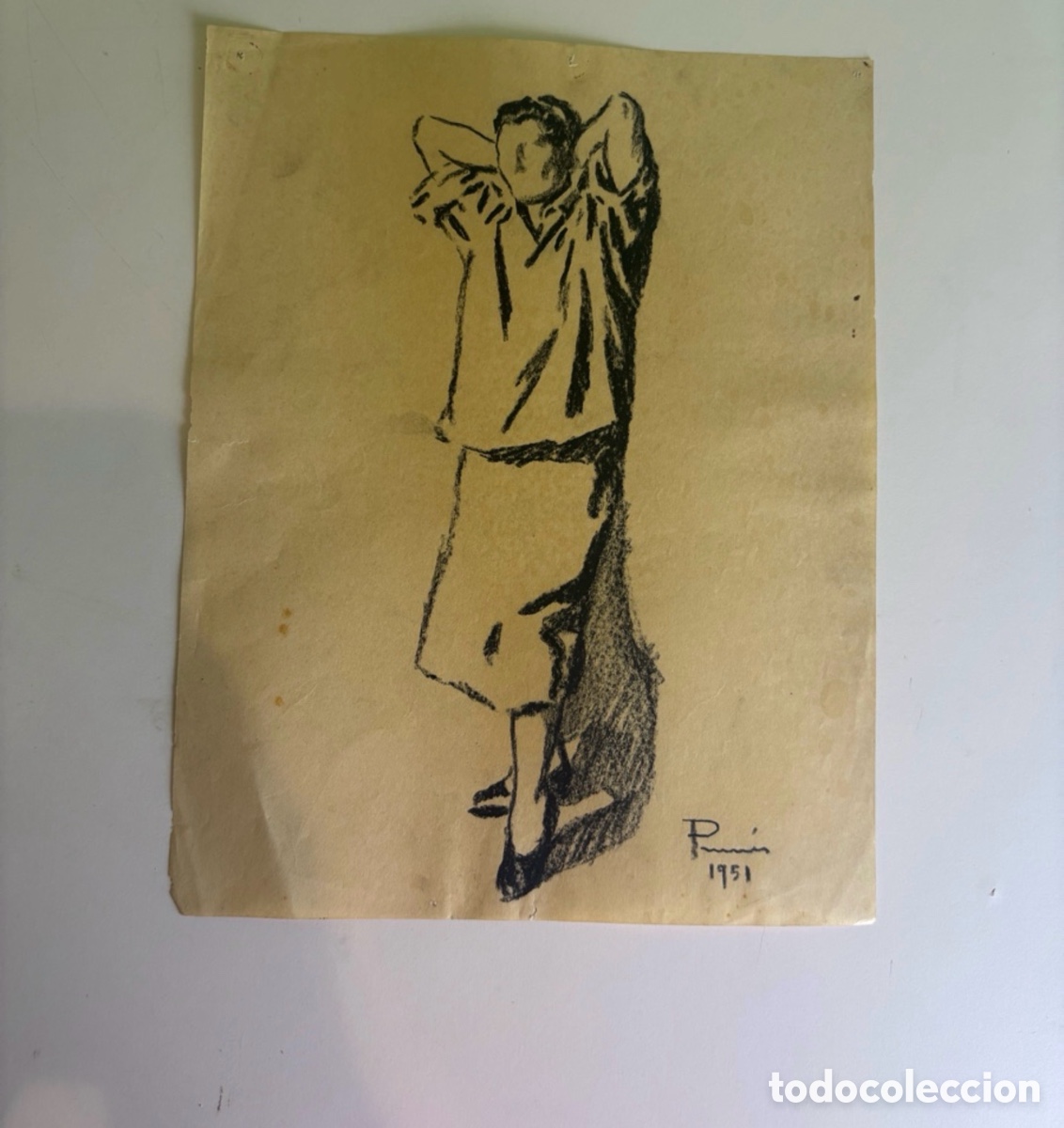 Art: Carles Prun&eacute;s (1937-2017) Dibujo original sobre papel &ndash; Figura femenina de pie firmada 1951