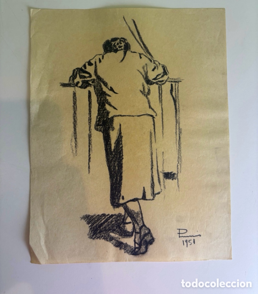 Art: Carles Prun&eacute;s (1937-2017) Dibujo original sobre papel &ndash; Figura femenina apoyada firmada 1951