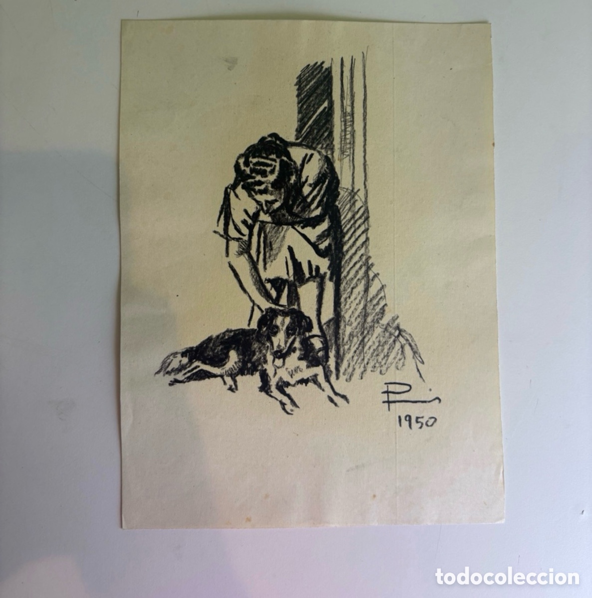 Art: Carles Prun&eacute;s (1937-2017) Dibujo original sobre papel &ndash; Mujer con perro firmada 1950