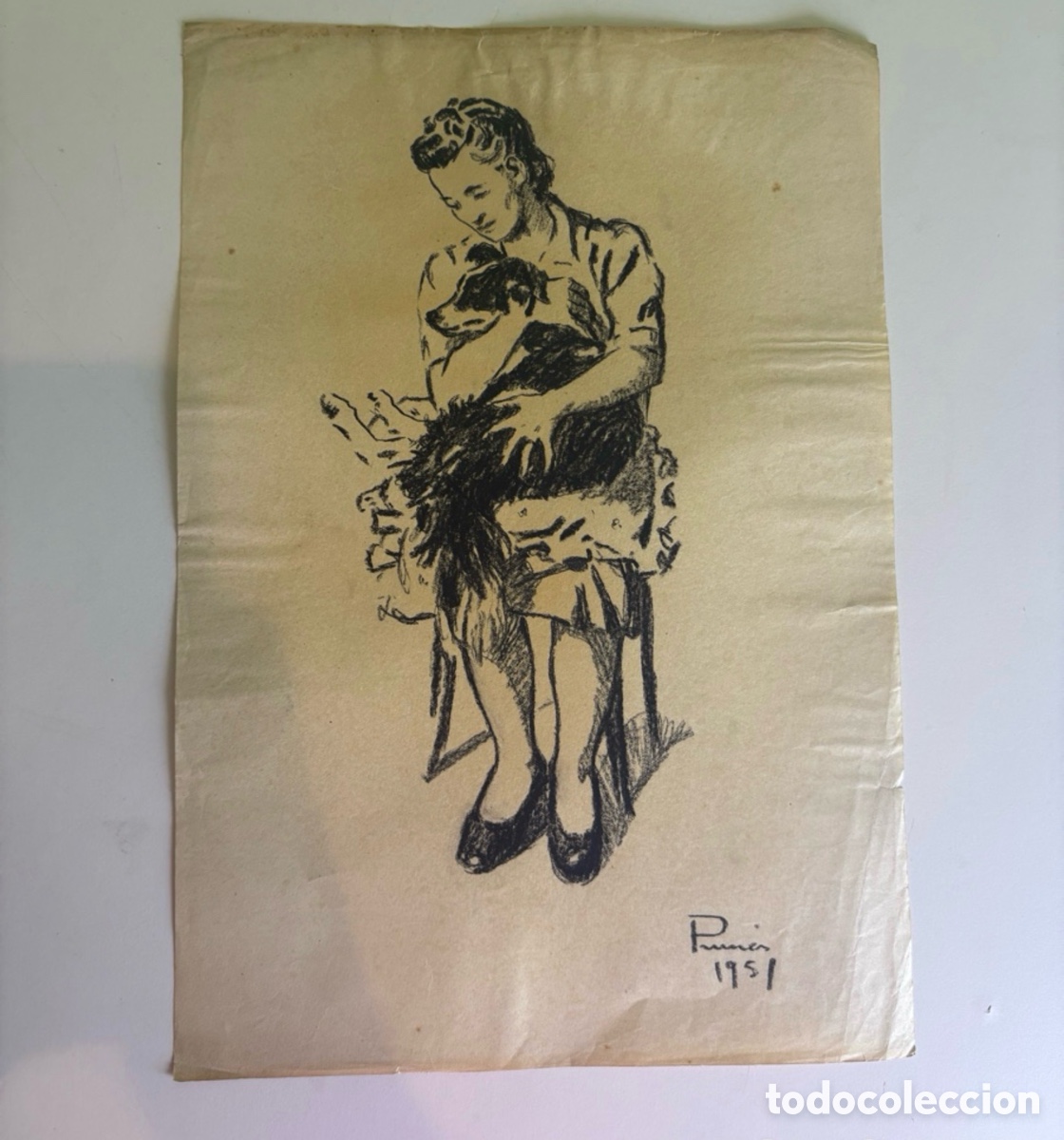 Art: Carles Prun&eacute;s (1937-2017) Dibujo original sobre papel &ndash; Mujer con perro sentada, firmado 1951