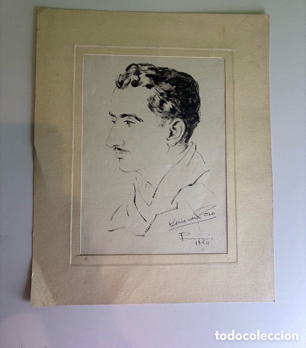 Art: Carles Prun&eacute;s (1937-2017) Dibujo original sobre papel &ndash; Retrato masculino dedicado, firmado 1954