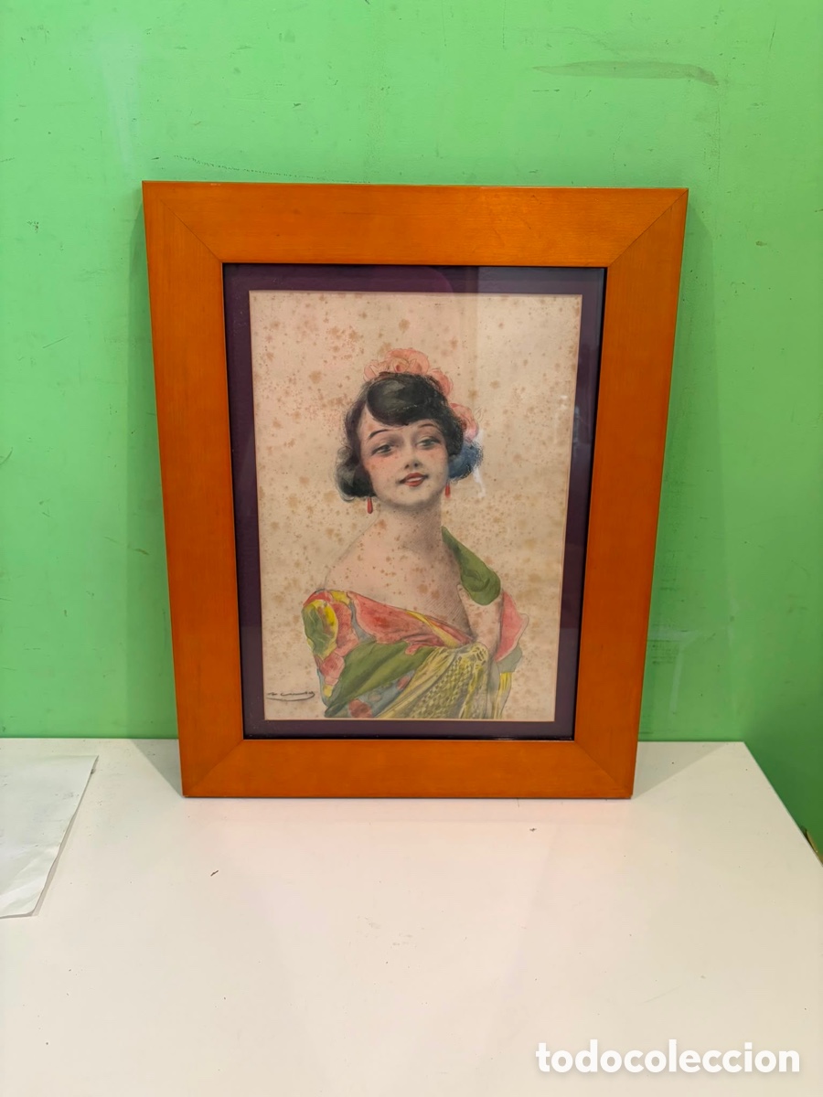 Art: Retrato femenino modernista dibujado sobre papel . bajo cristal &ndash; Principios del siglo XX
