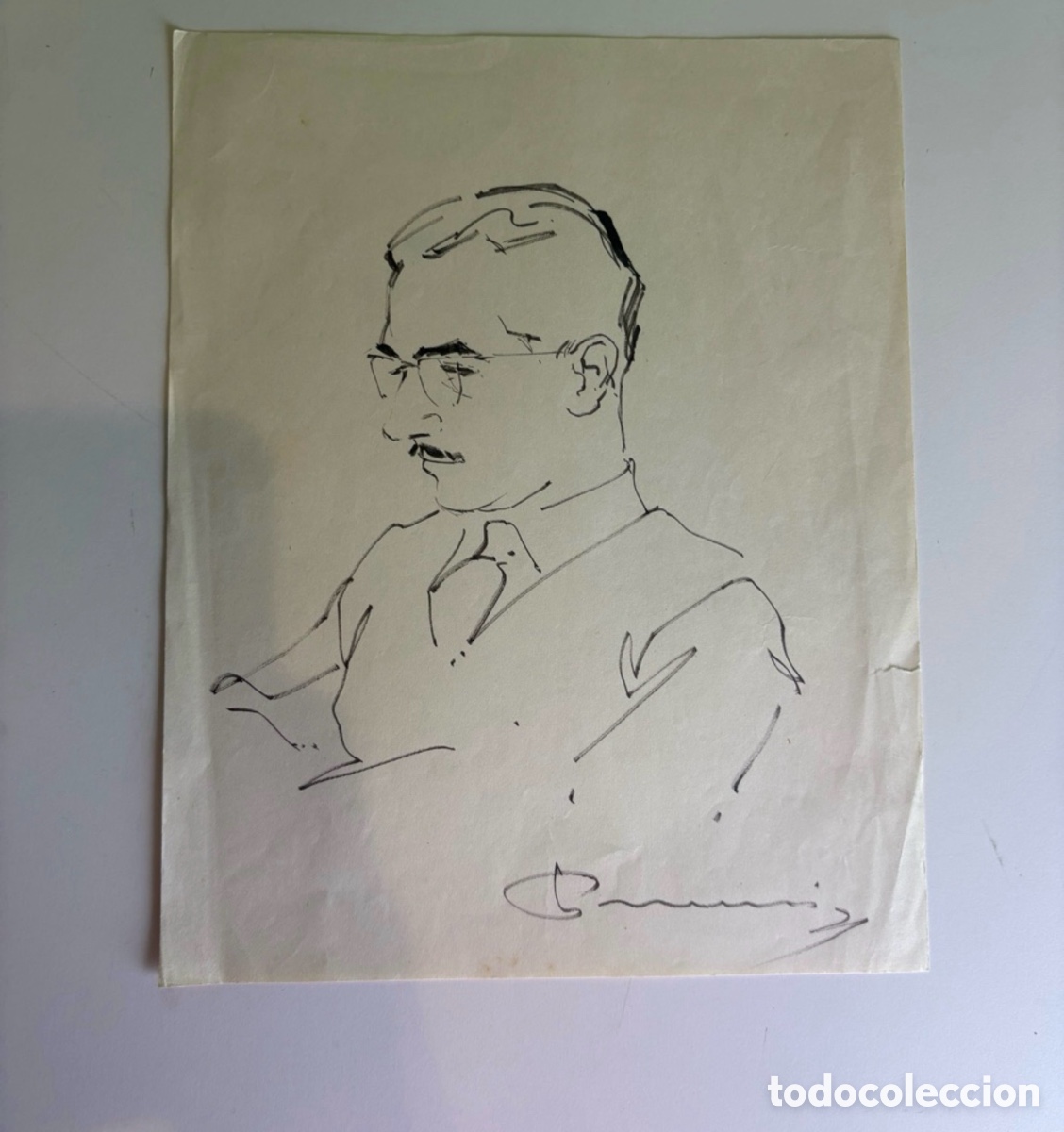 Art: Carles Prun&eacute;s (1937-2017) Dibujo original sobre papel &ndash; Retrato masculino con gafas firmado