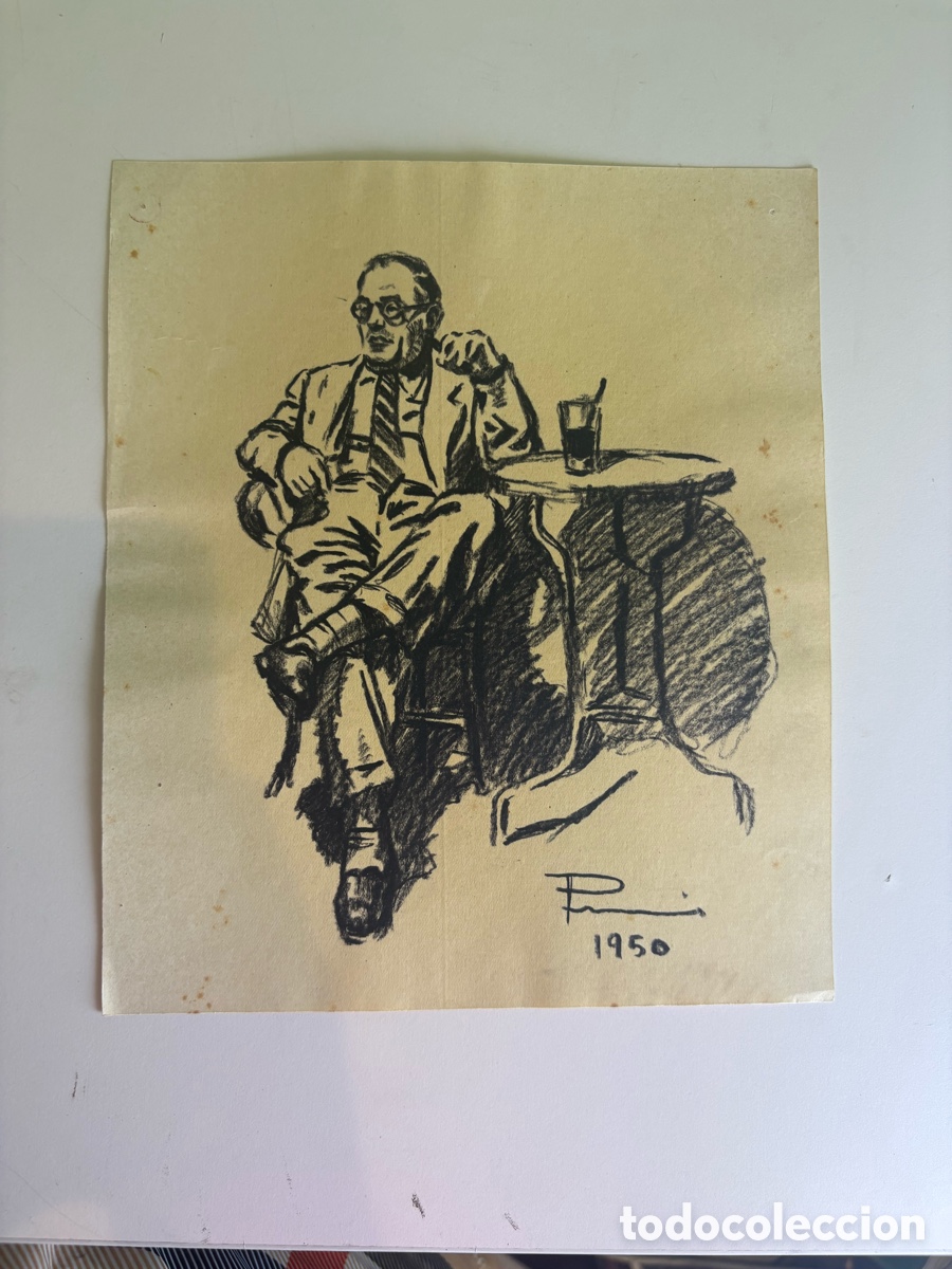 Art: Carles Prun&eacute;s (1937-2017) Dibujo original sobre papel &ndash; Caballero sentado en cafeter&iacute;a (1950)