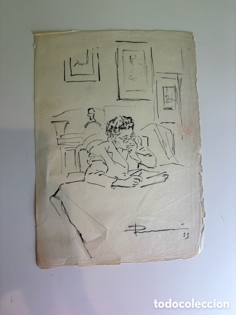 Art: Carles Prun&eacute;s (1937-2017) Dibujo original sobre papel &ndash; Interior con figura leyendo (1955)
