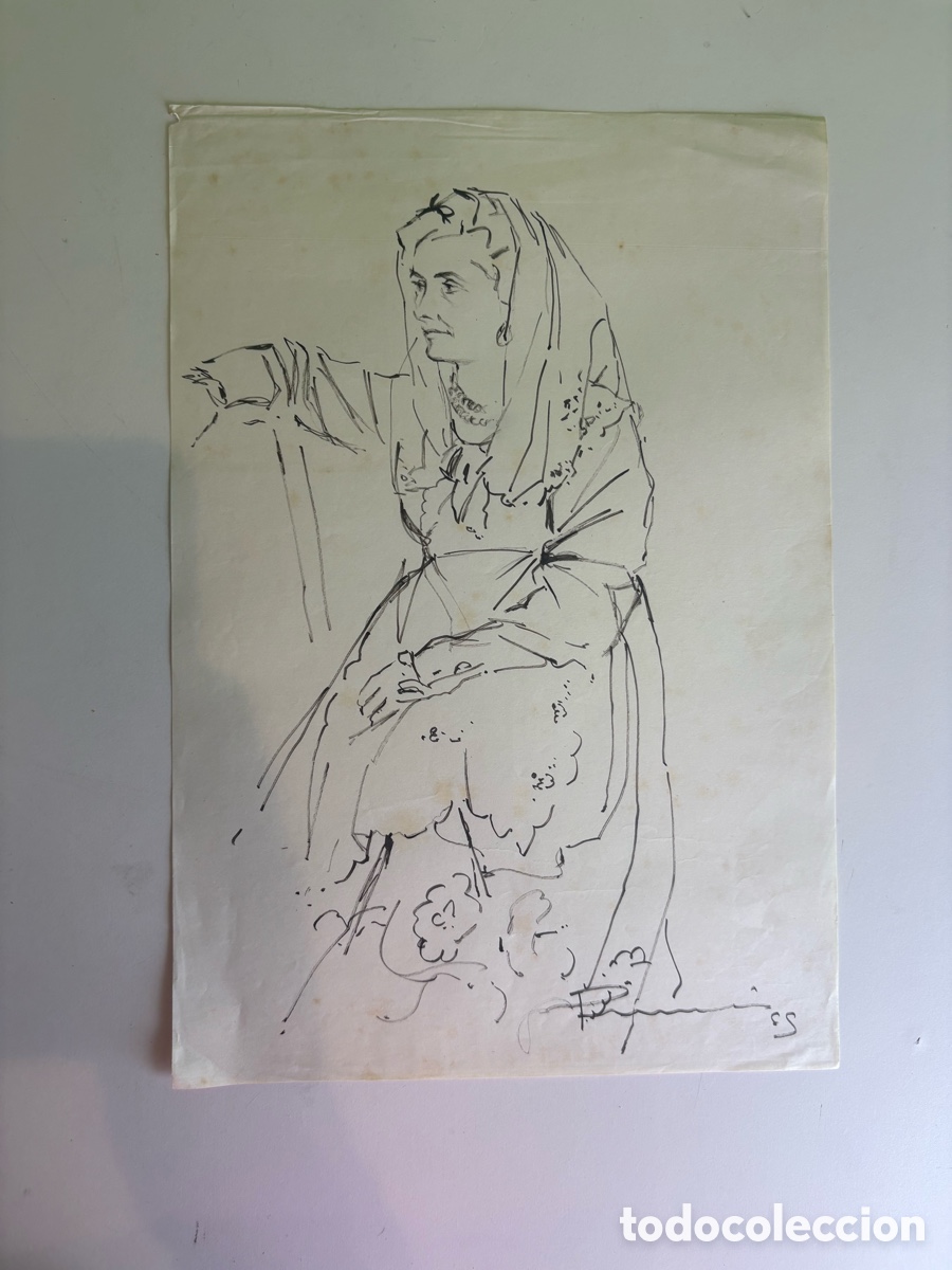 Art: Carles Prun&eacute;s (1937-2017) Dibujo original sobre papel &ndash; Figura femenina con mantilla (1955)