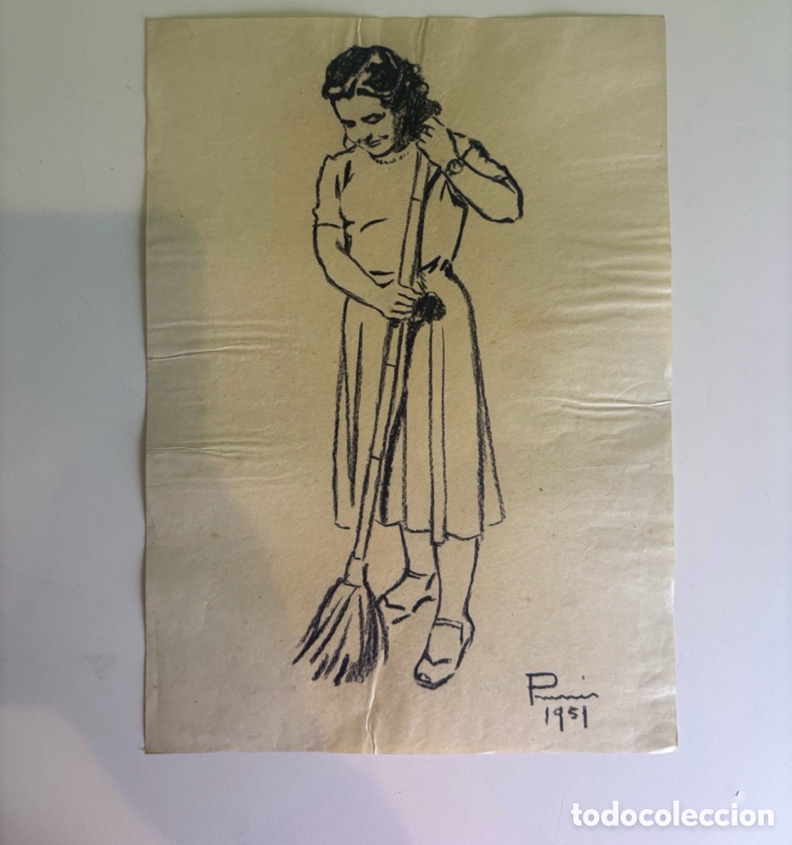 Kunst: Carles Prun&eacute;s (1937-2017) Dibujo original sobre papel &ndash; Ni&ntilde;a barriendo, firmado y fechado 1951