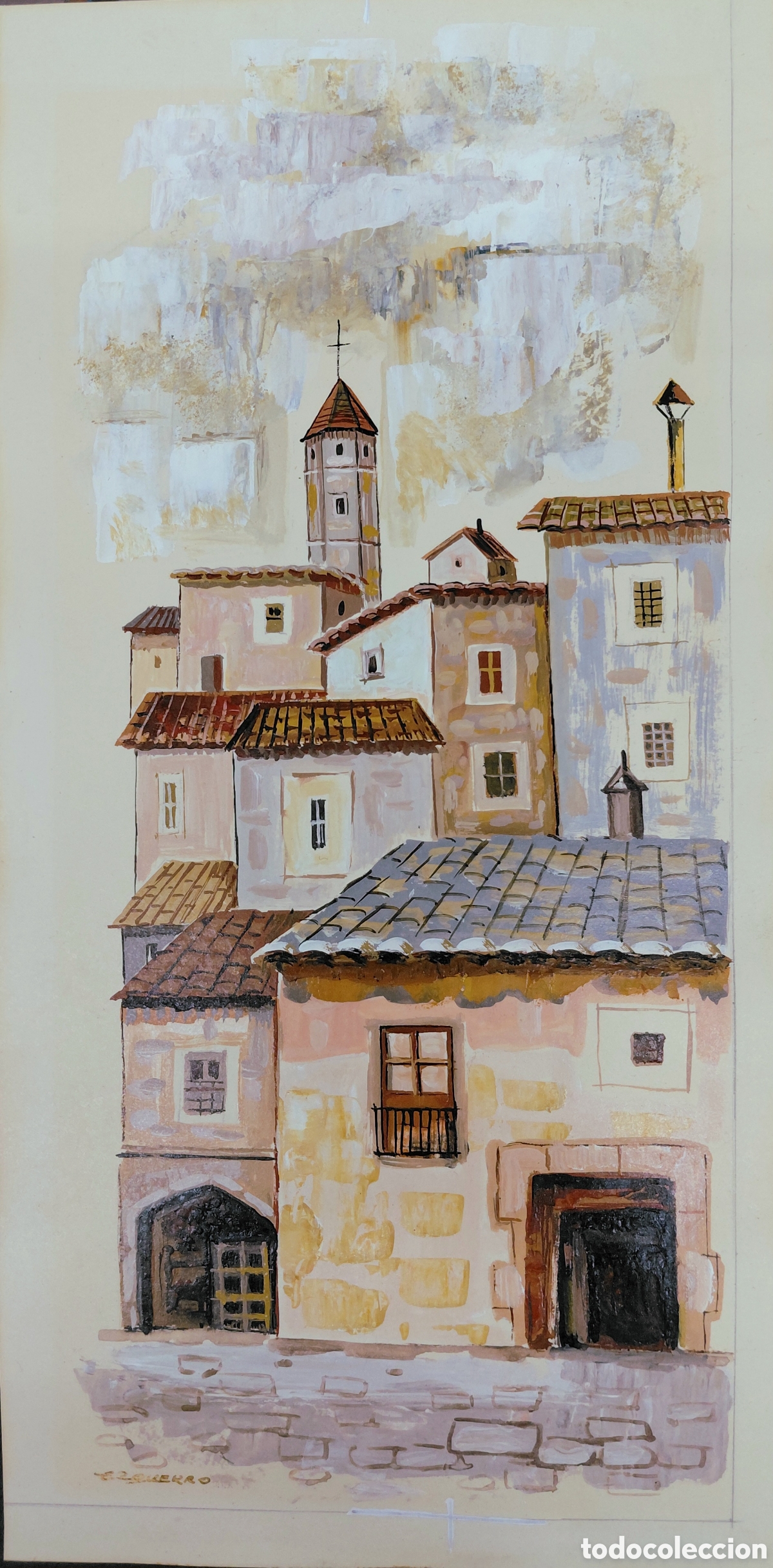 Art: Fernando Ezquerro (1922-2019). Casas de pueblo, t&eacute;cnica mixta sobre papel.