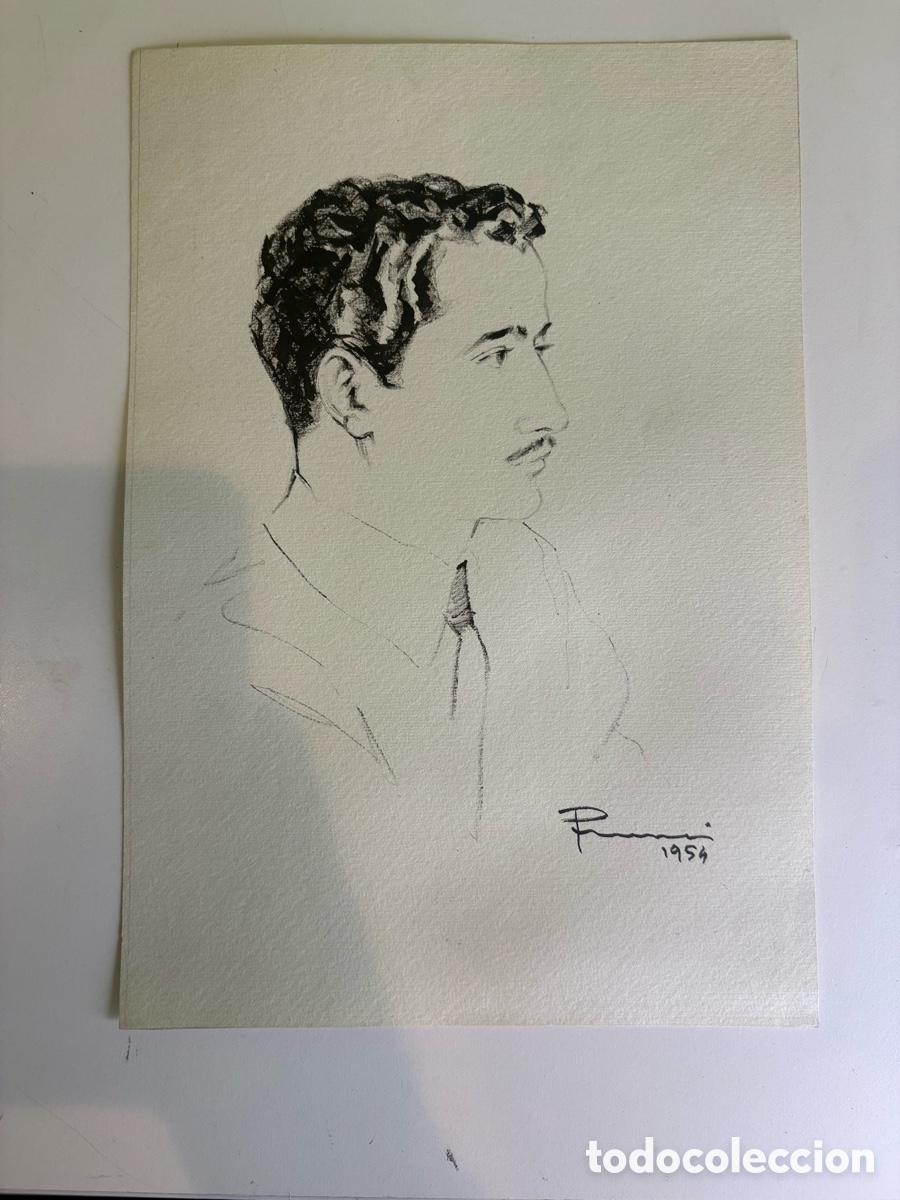 Kunst: Carles Prun&eacute;s (1937-2017) Dibujo original sobre papel &ndash; Retrato masculino de perfil, firmado 1954