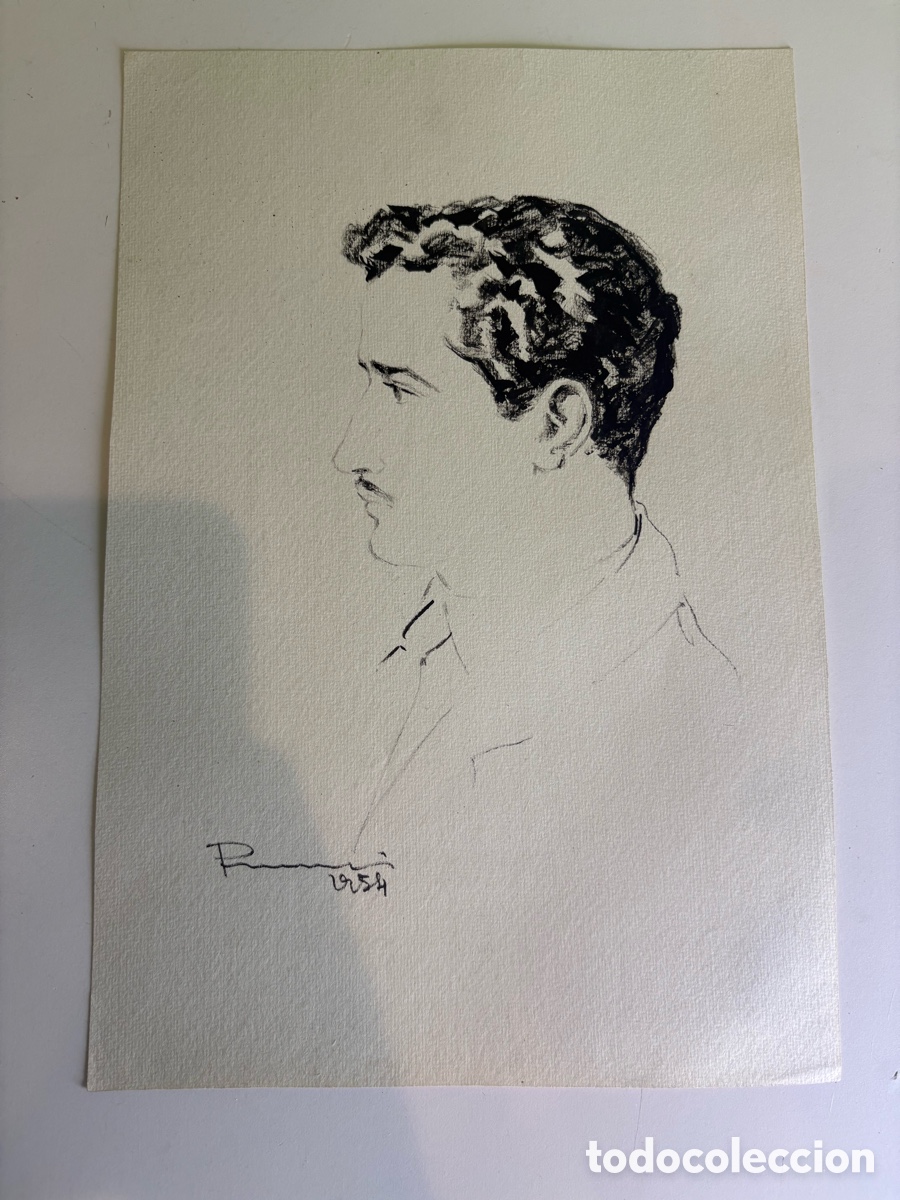 Kunst: Carles Prun&eacute;s (1937-2017) Dibujo original sobre papel &ndash; Retrato masculino de perfil, firmado 1954