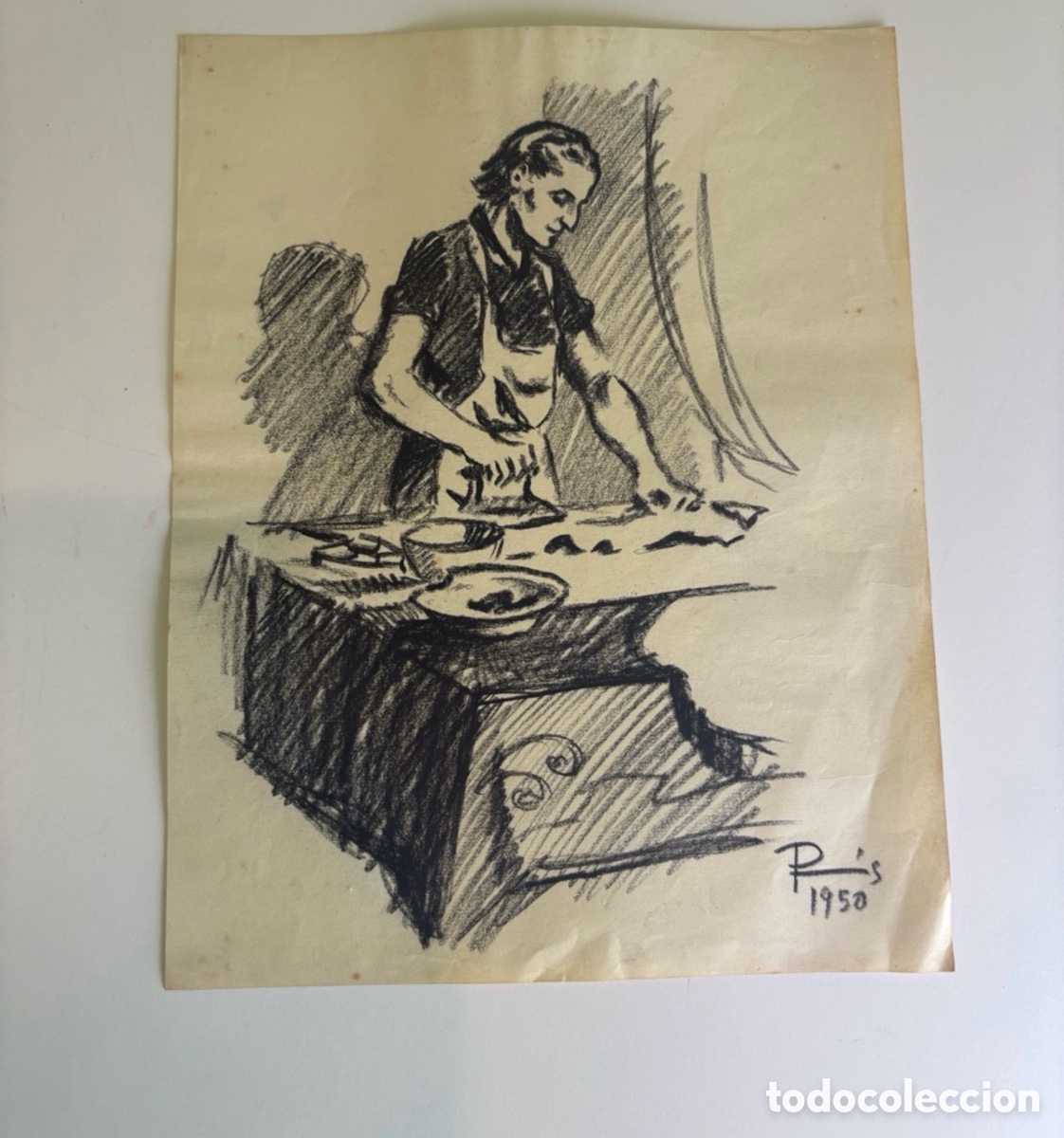 Kunst: Carles Prun&eacute;s (1937-2017) &ndash; Dibujo original firmado y fechado 1950 &ndash; Escena dom&eacute;stica