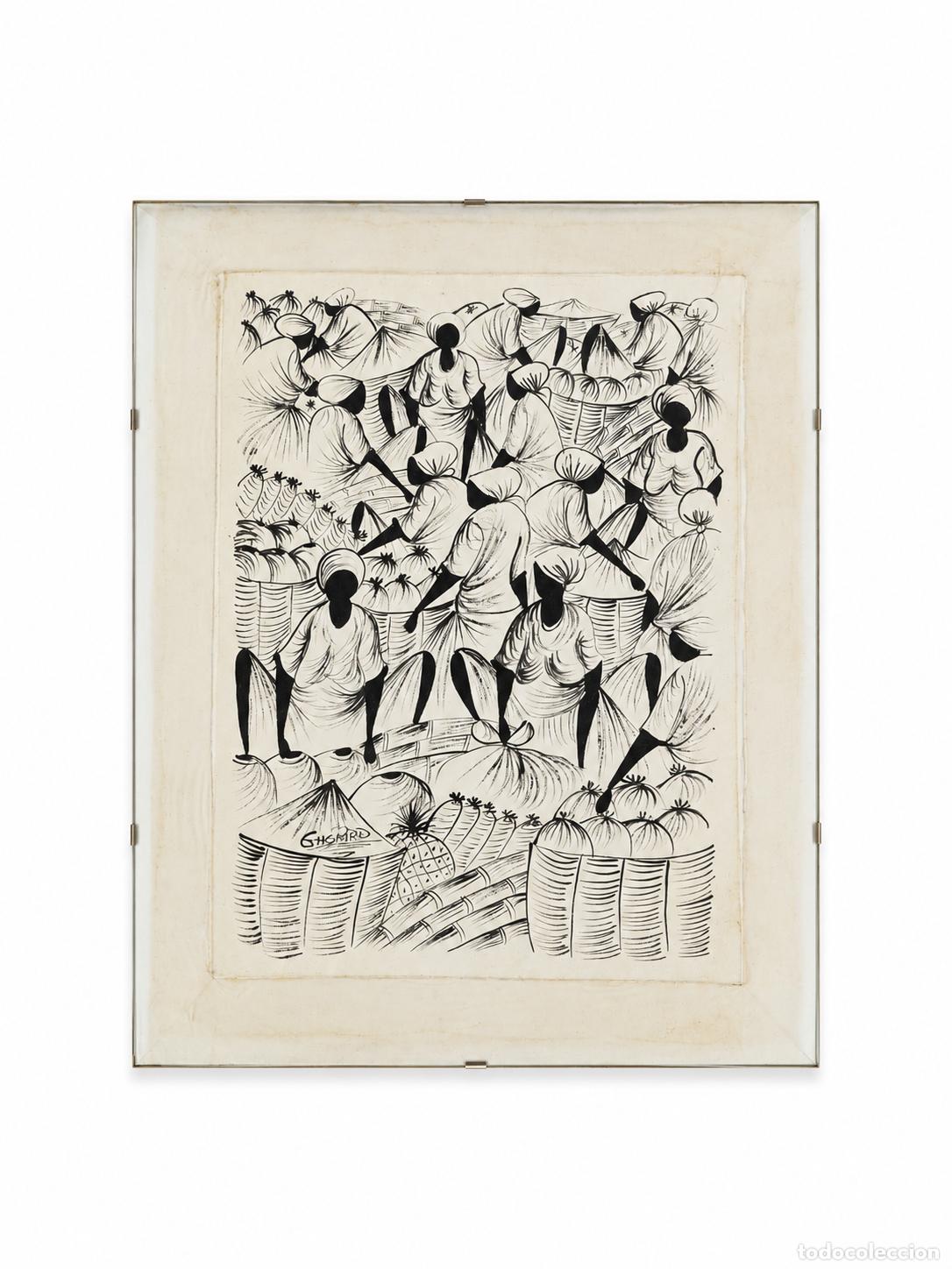 Art: Dibujo, Escena de Mercado Haitiano - Arte Na&iacute;f o Folk Art Caribe&ntilde;o - Firma Frantz Gaspard