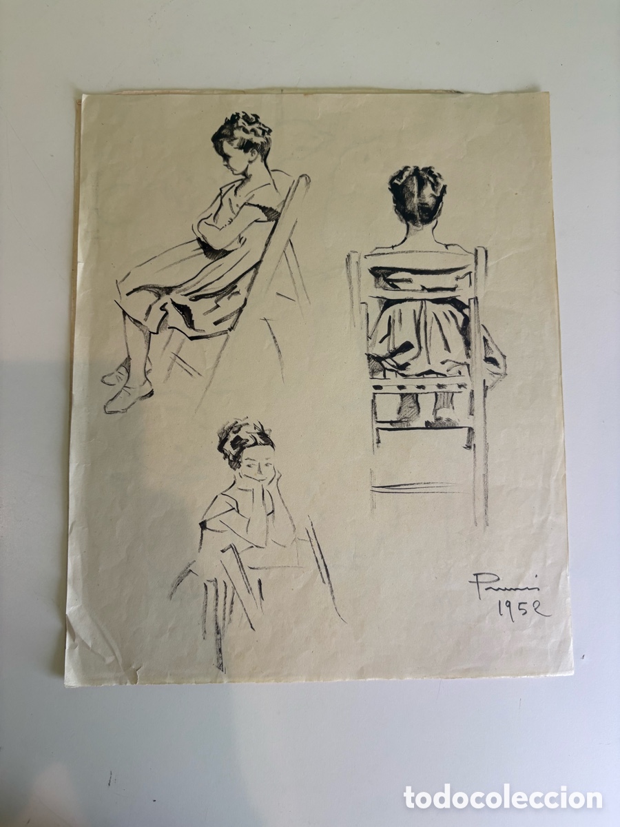 Kunst: Carles Prun&eacute;s (1937-2017) &ndash; Dibujo original firmado y fechado 1952 &ndash; Estudios de figura femenina
