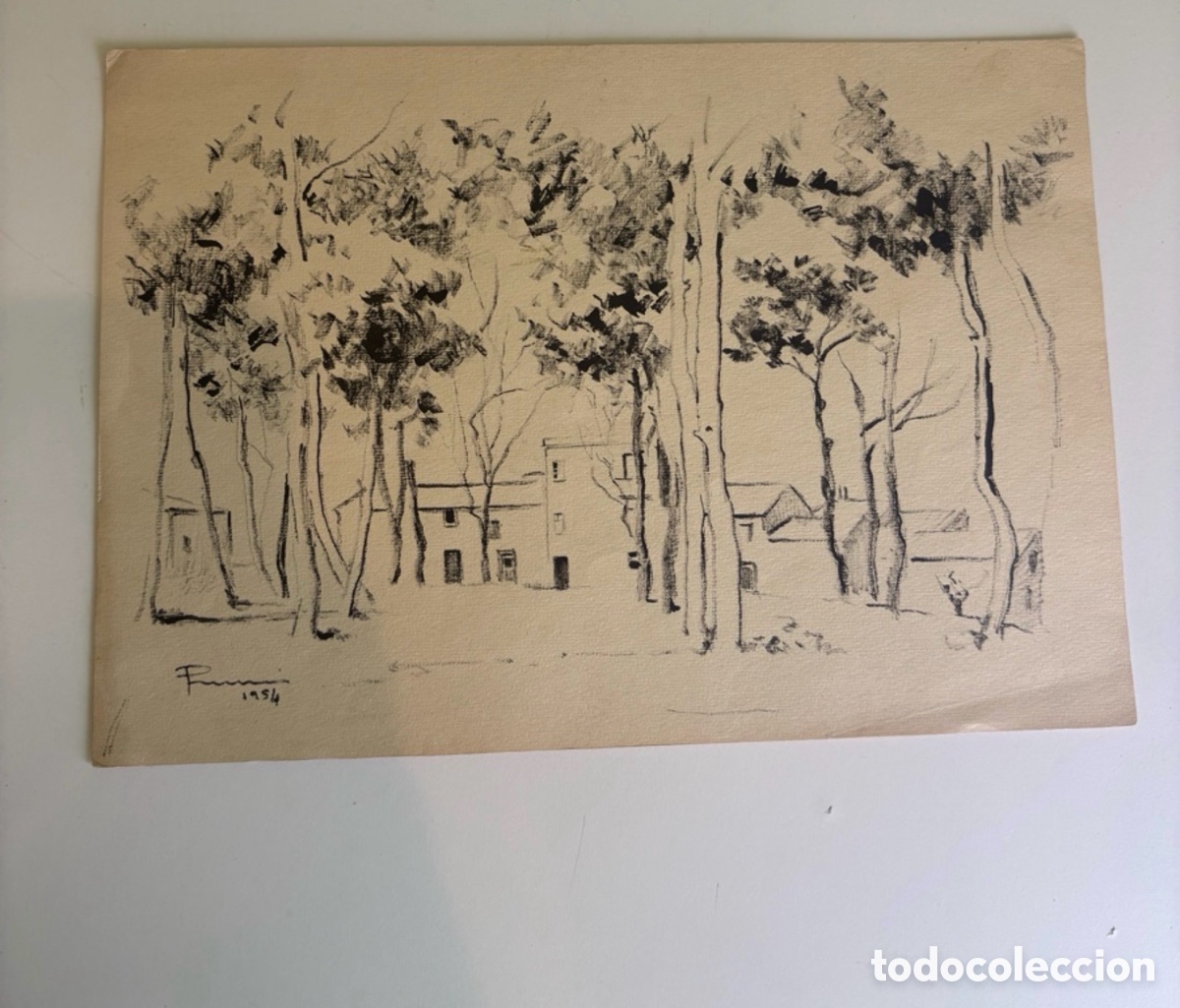 Art: Carles Prun&eacute;s (1937-2017) &ndash; Dibujo original firmado y fechado 1954 &ndash; Paisaje con arboleda