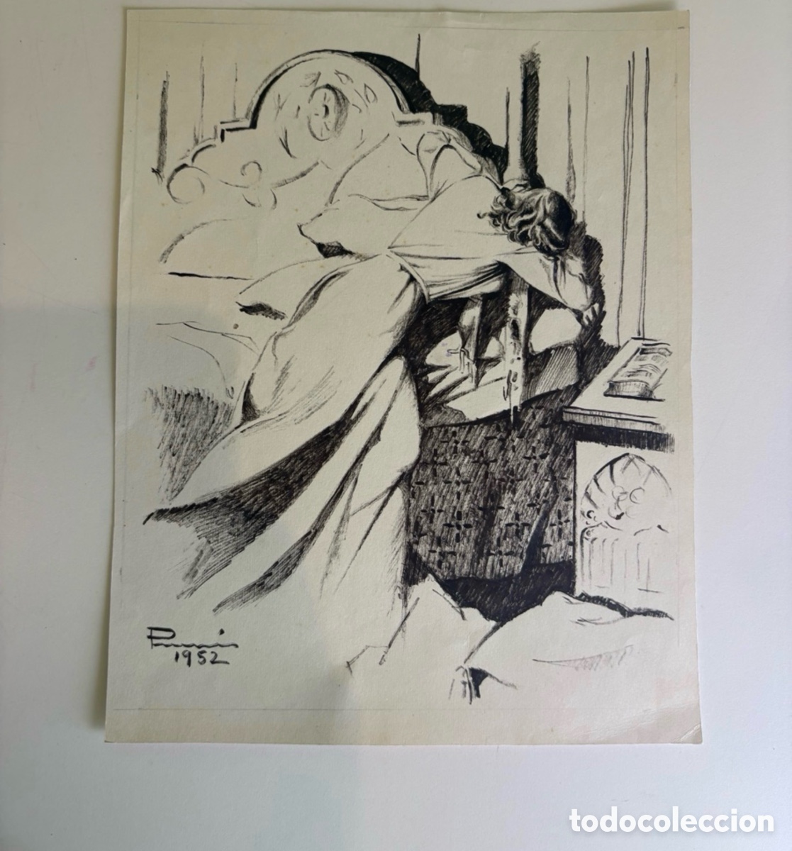 Art: Carles Prun&eacute;s (1937-2017) &ndash; Dibujo original firmado y fechado 1952 &ndash; Figura femenina en interior
