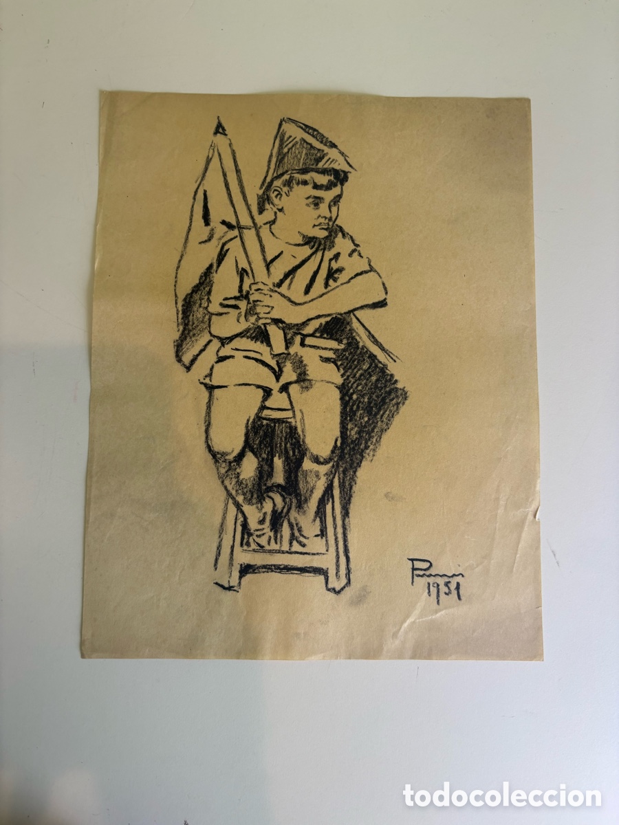 Art: Carles Prun&eacute;s (1937-2017) &ndash; Dibujo original sobre papel, Ni&ntilde;o abanderado, firmado y fechado 1951
