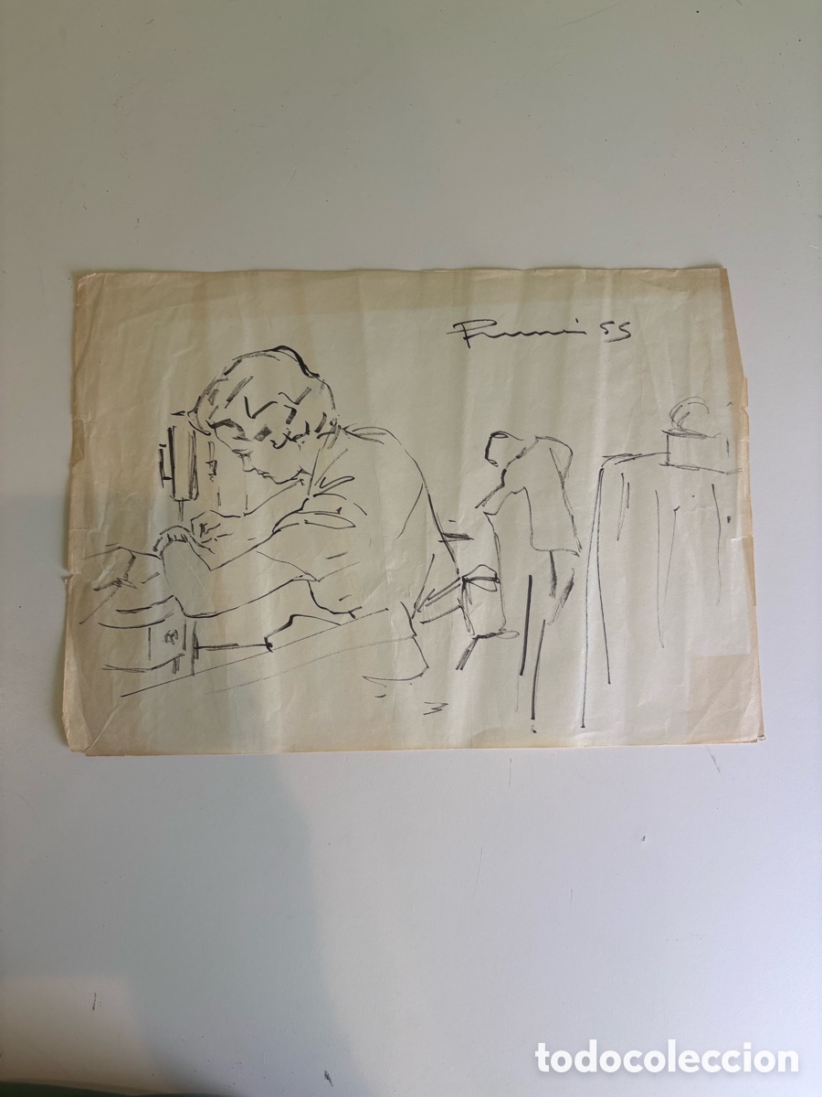 Art: Carles Prun&eacute;s (1937-2017) &ndash; Dibujo a tinta sobre papel, Escena cotidiana, firmado 1955