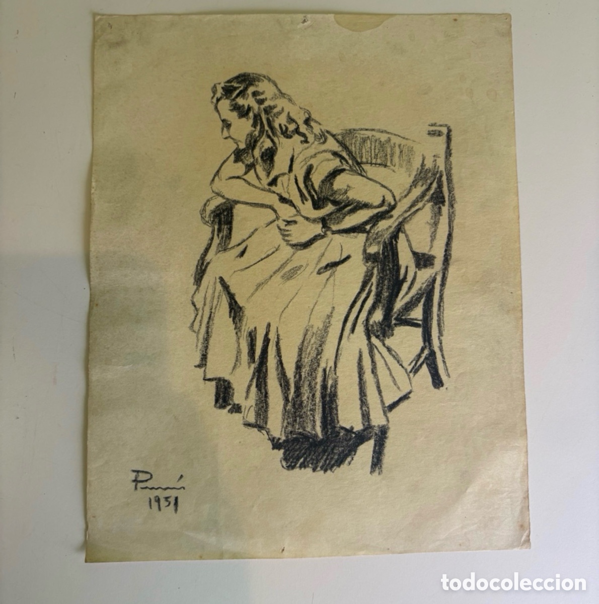 Art: Carles Prun&eacute;s (1937-2017) &ndash; Estudio de figura femenina sentada, dibujo sobre papel, firmado 1951