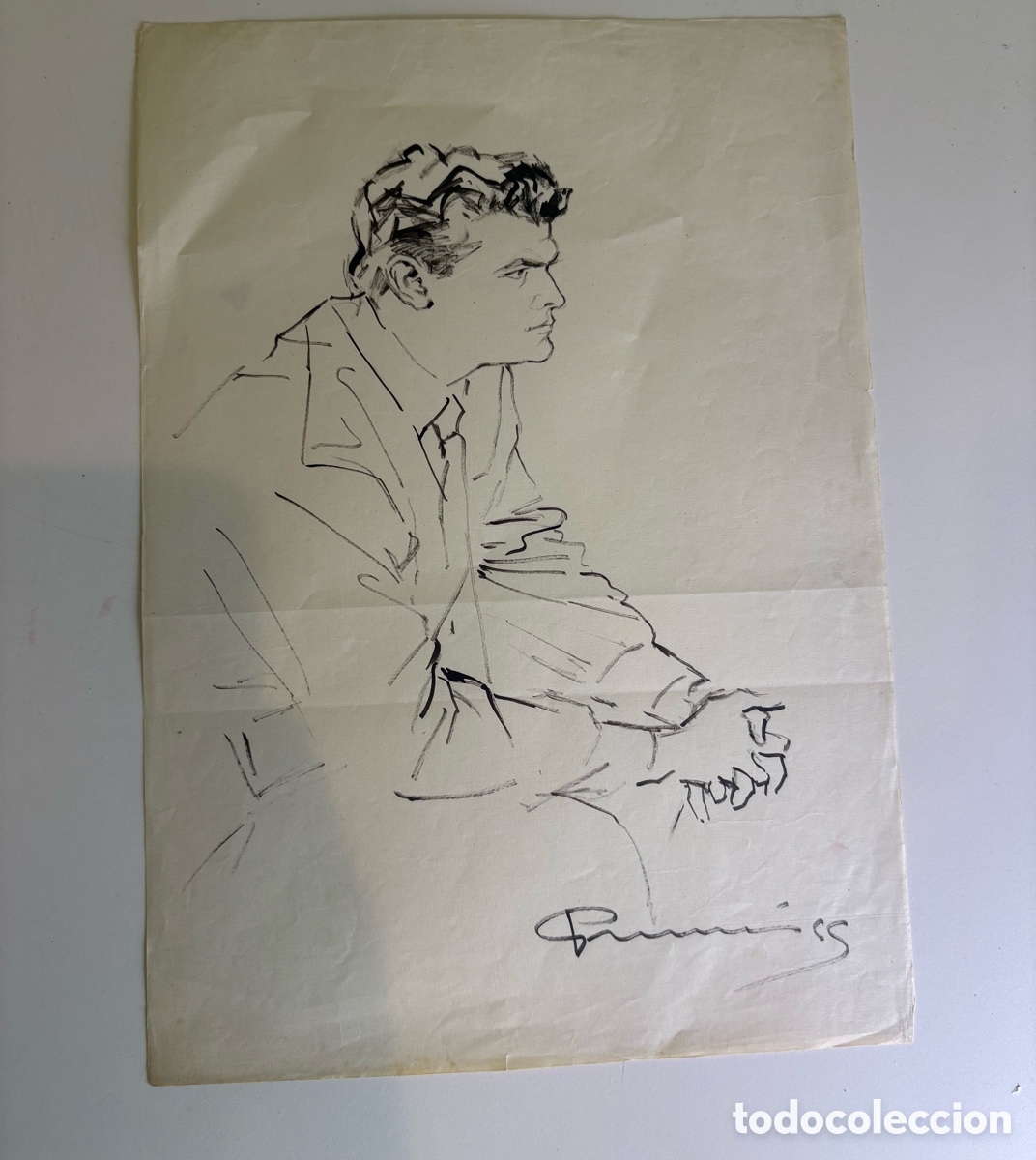Art: Carles Prun&eacute;s (1937-2017) &ndash; Retrato masculino de perfil, dibujo original sobre papel, firmado 1955