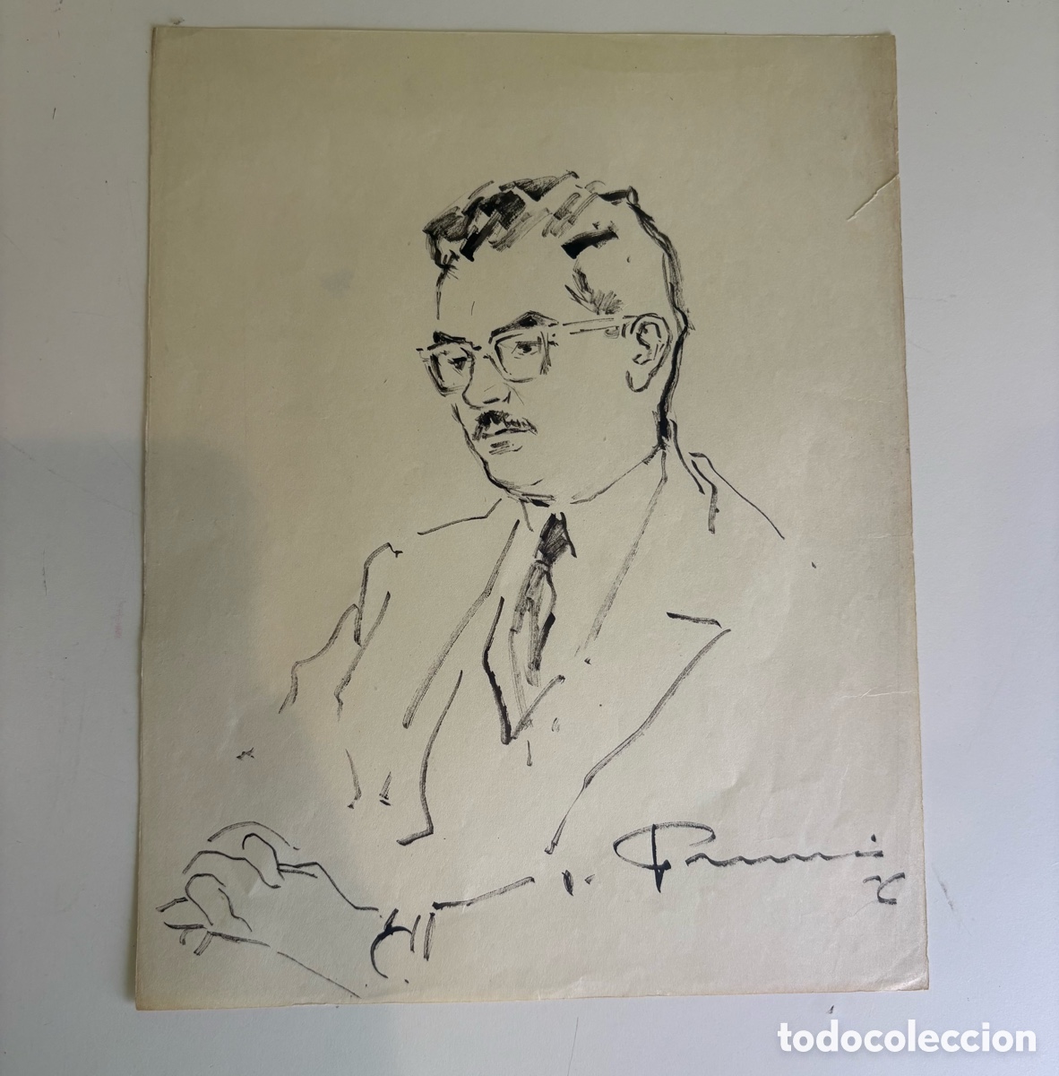 Art: Carles Prun&eacute;s (1937-2017) &ndash; Retrato masculino con gafas, dibujo original sobre papel, firmado
