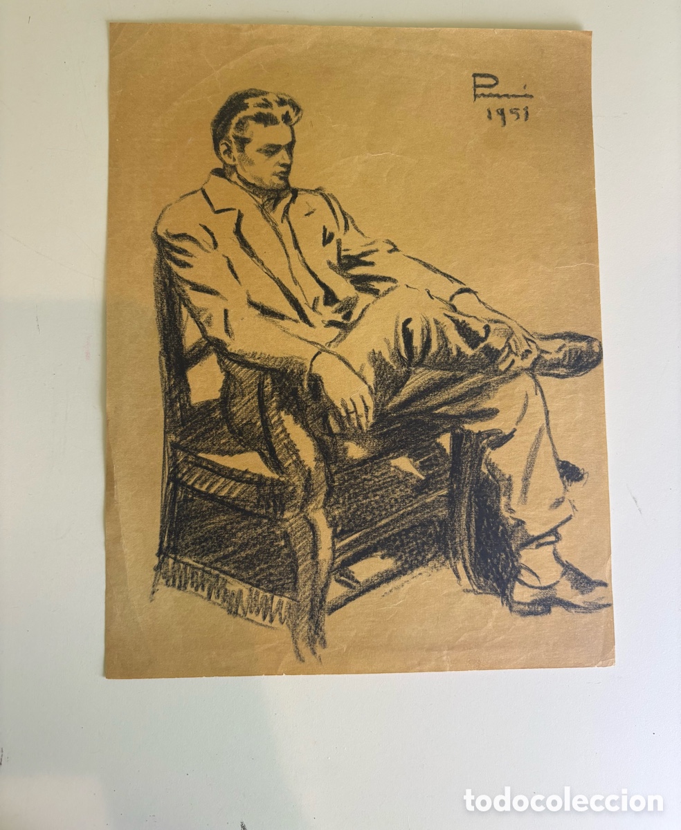 Art: Carles Prun&eacute;s (1937-2017) &ndash; Estudio de figura masculina sentada, dibujo original firmado, 1951