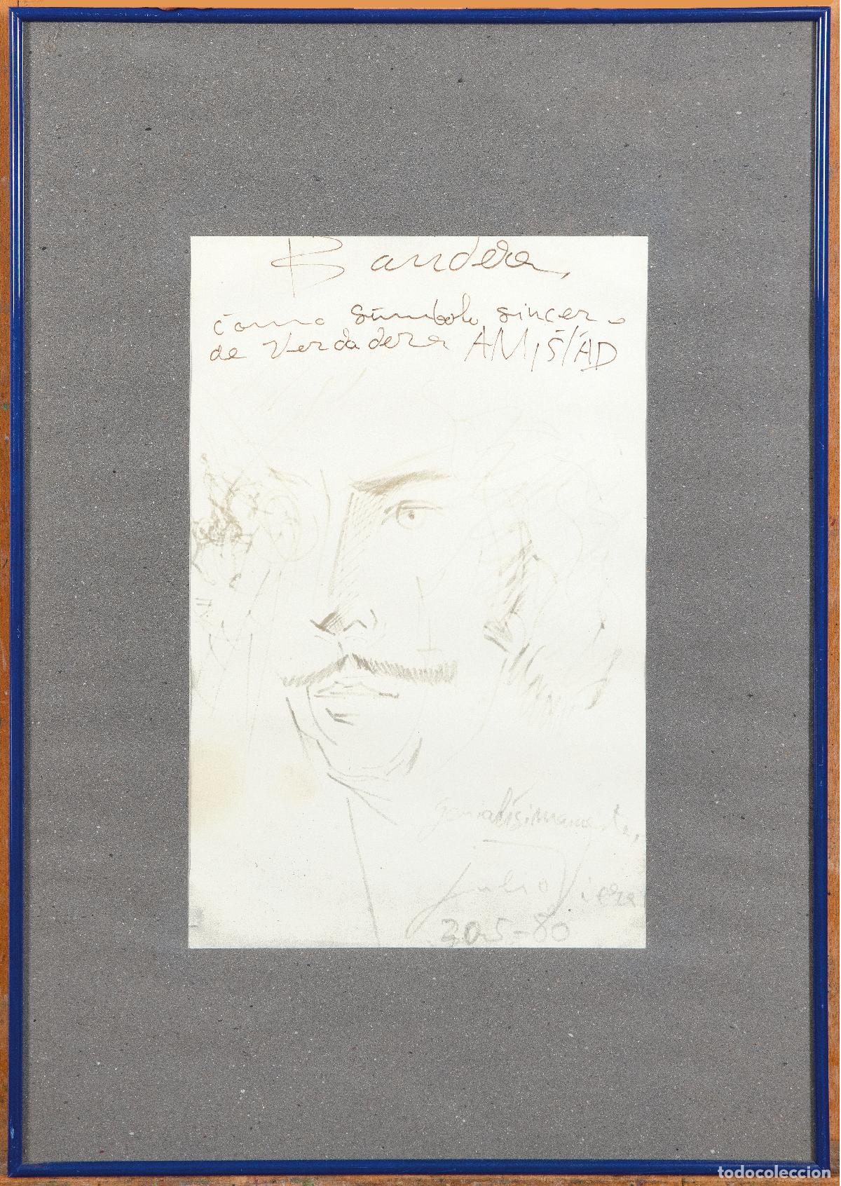 Arte: Retrato masculino dibujo a l&aacute;piz y tinta sobre papel Julio Viera firmado fechado y dedicado en 1980