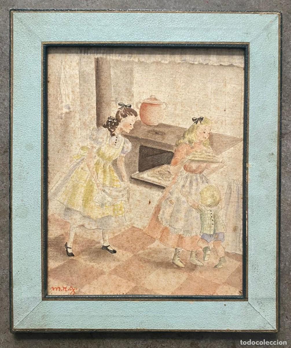 Arte: Mar&iacute;a Rosa Garc&iacute;a Casas, ni&ntilde;os en la cocina, dibujo, l&aacute;piz y acuarela, 1940's, firmado con iniciales