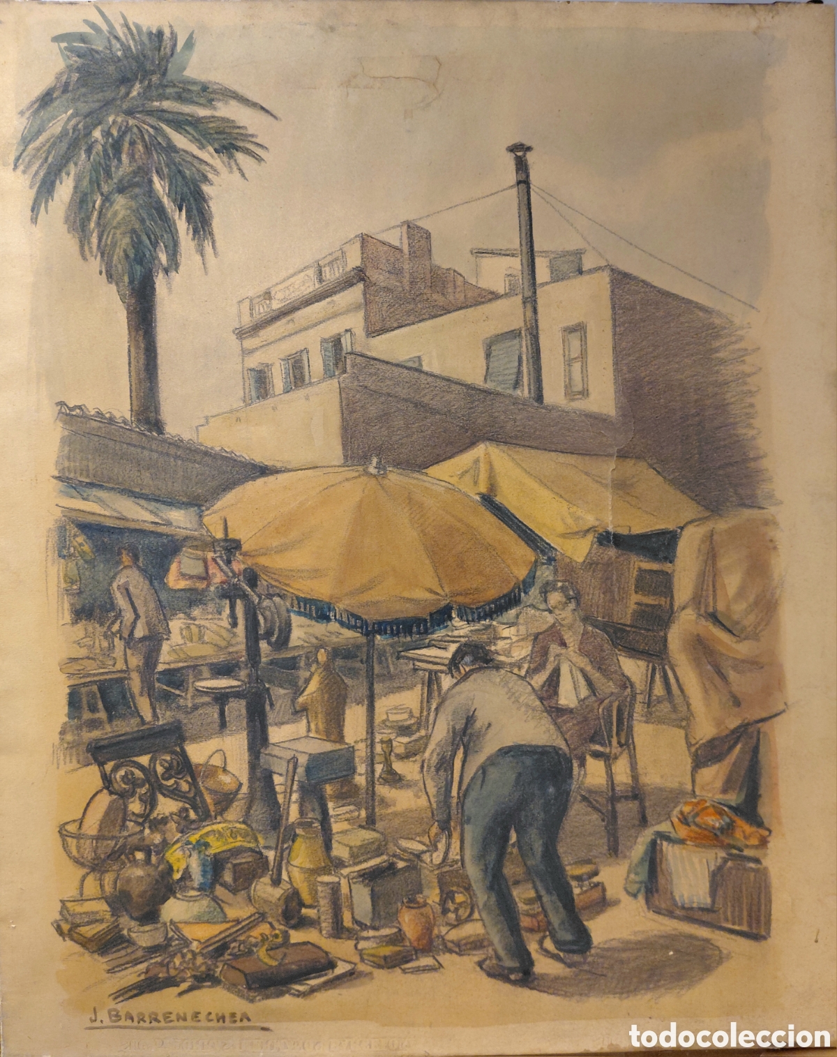 Art: Josep Barrenechea (1908-1991) Mercadillo, t&eacute;cnica mixta sobre papel clavado en bastidor.