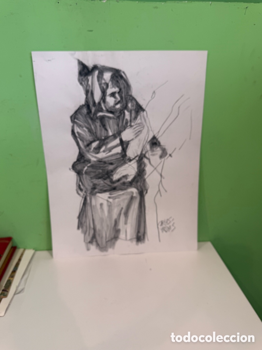 Art: Carles Prun&eacute;s (1937-2017) &ndash; Hombre con capucha, firmado. Carboncillo sobre papel (65 &times; 50 cm)