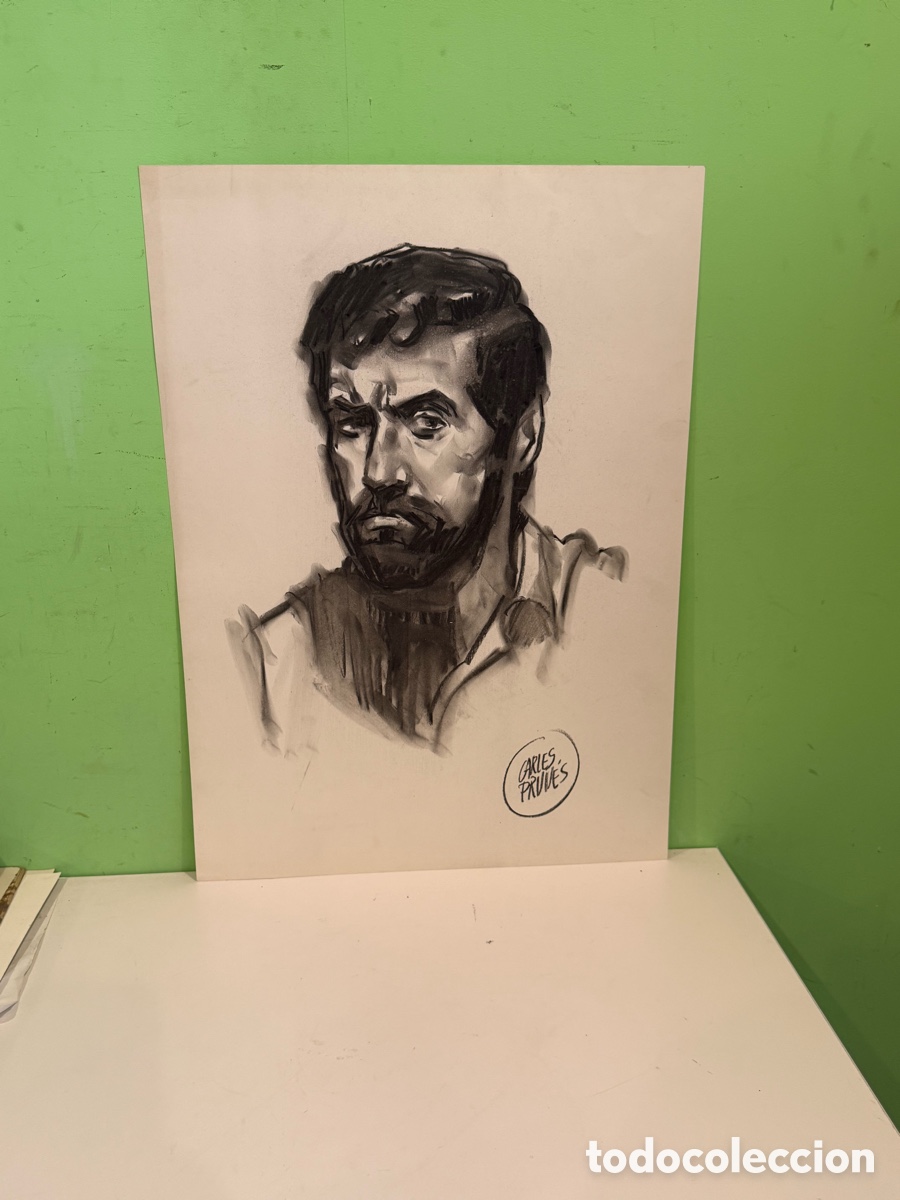 Art: Carles Prun&eacute;s (1937-2017) &ndash; Retrato masculino con barba, firmado. Carboncillo sobre papel