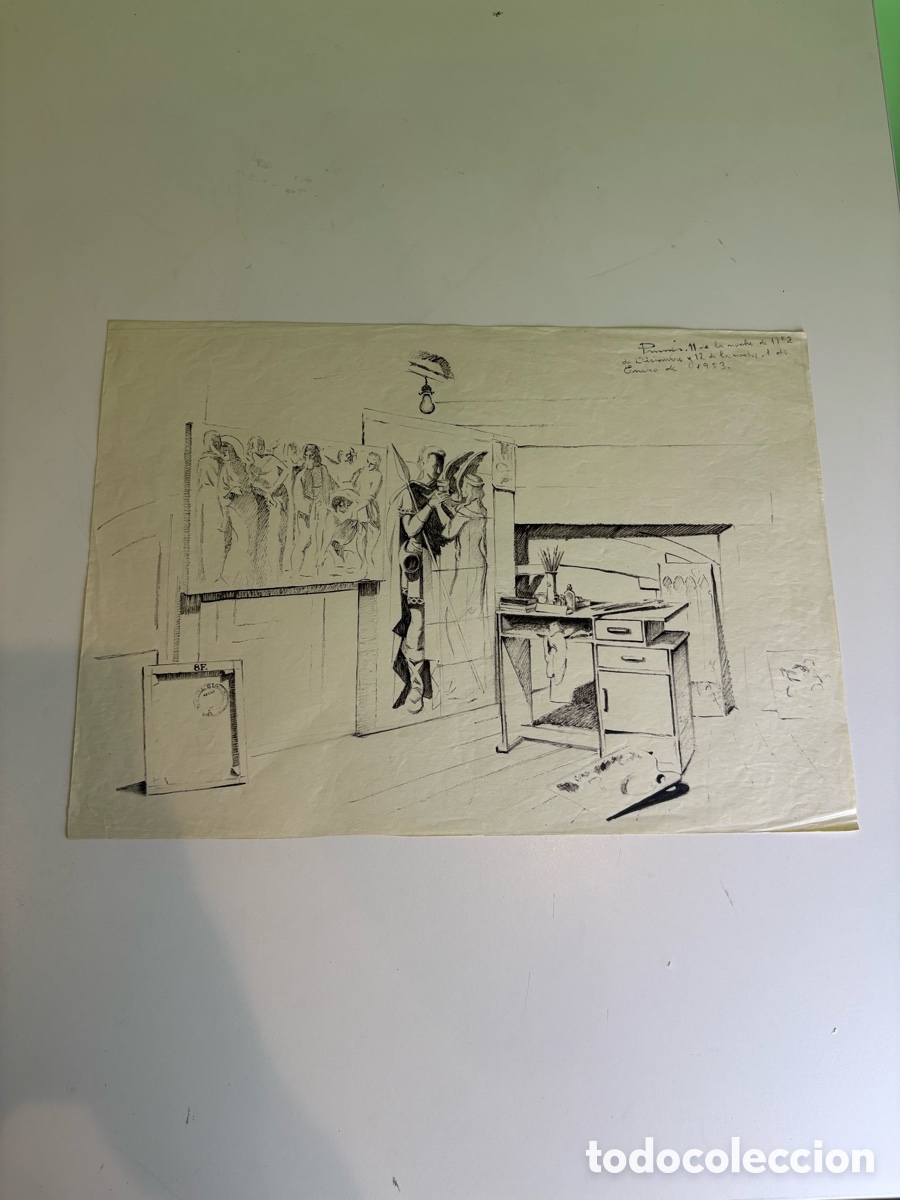 Art: Carles Prun&eacute;s (1937-2017) &ndash; Dibujo sobre papel firmado, estudio de interior y caballete (1952-1953)