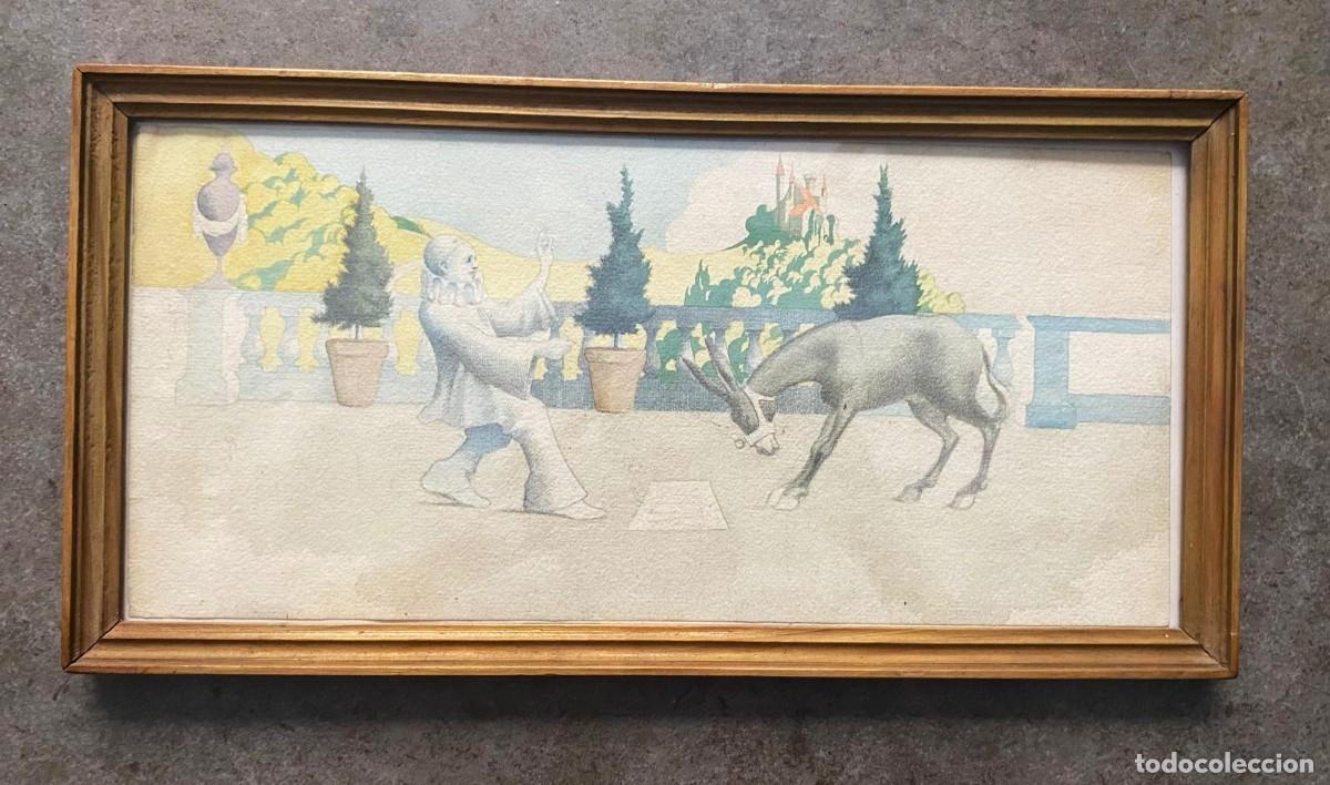 Arte: Personaje y asno, dibujo, 1920's, t&eacute;cnica mixta, acuarela y l&aacute;piz, sin firmar, con marco.