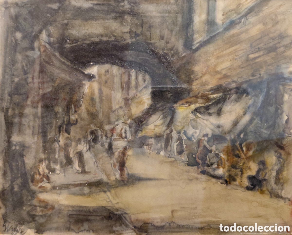 Art: Gumersindo Sainz Morales (1900-1976). Callej&oacute;n, t&eacute;cnica mixta sobre papel.