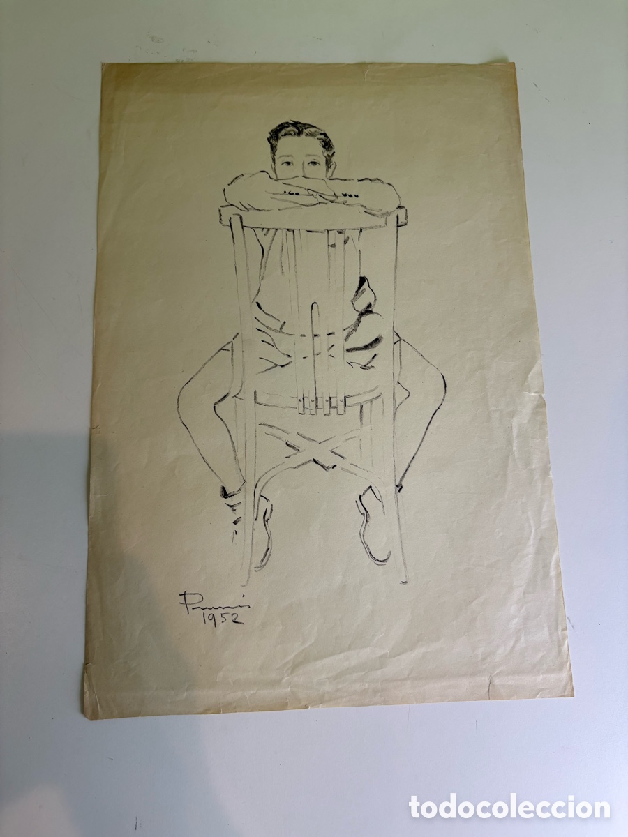 Art: Carles Prun&eacute;s (1937-2017) &ndash; Dibujo original firmado y fechado 1952 sobre papel &ndash; Retrato juvenil