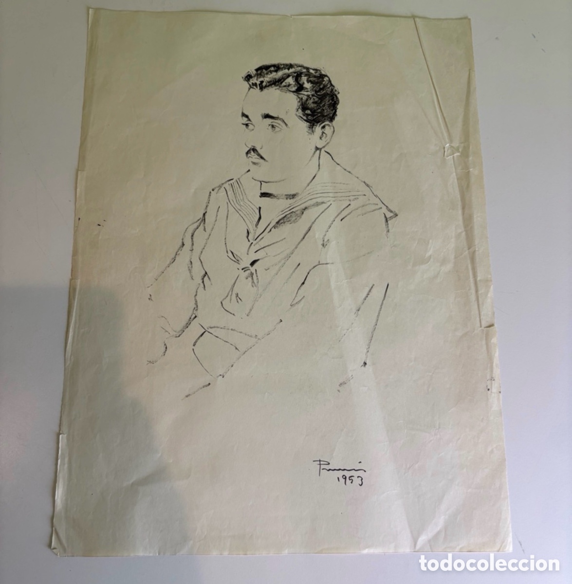 Art: Carles Prun&eacute;s (1937-2017) &ndash; Dibujo original firmado y fechado 1953 sobre papel &ndash; Retrato de marinero