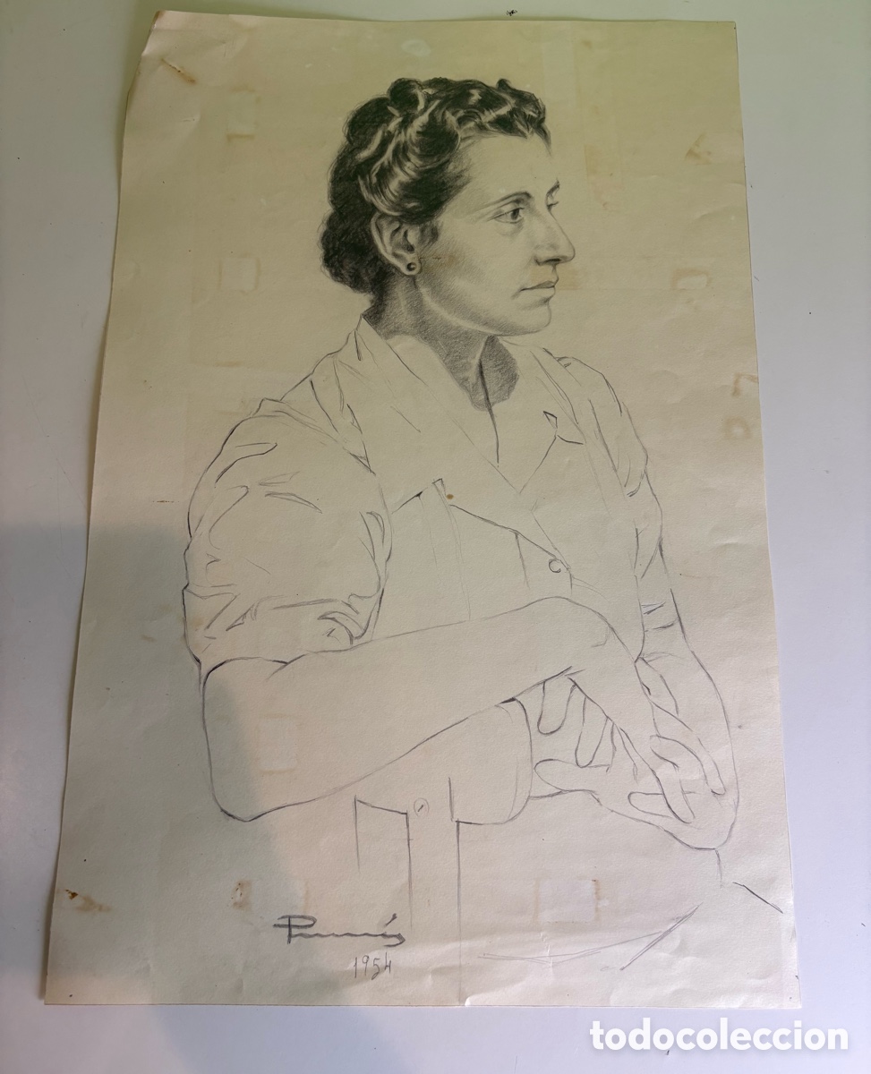 Arte: Carles Prun&eacute;s (1937-2017) &ndash; Dibujo original firmado y fechado 1954 sobre papel &ndash; Retrato femenino